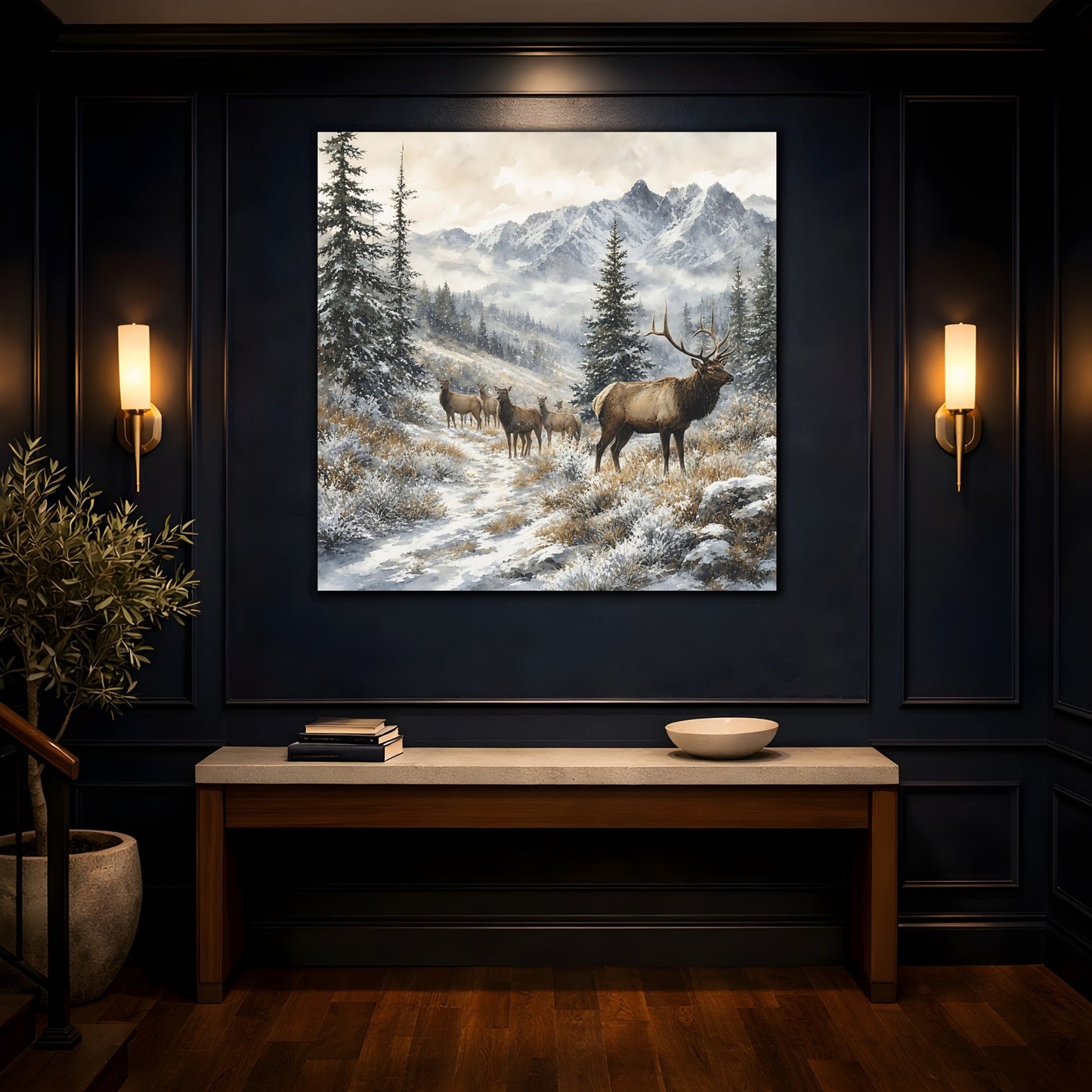 Mockup 4. Nature Elk Herd Brown And White Winter shown as stretched canvas wall art