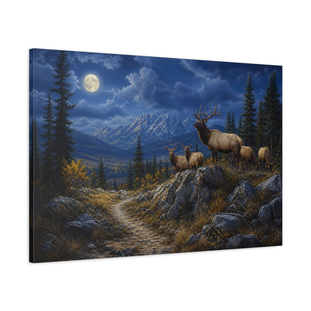 Main Mockup. Nature Elk Herd Moonlit Elk Mountain shown as stretched canvas wall art