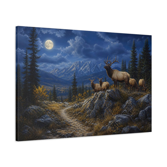 Main Mockup. Nature Elk Herd Moonlit Elk Mountain shown as stretched canvas wall art