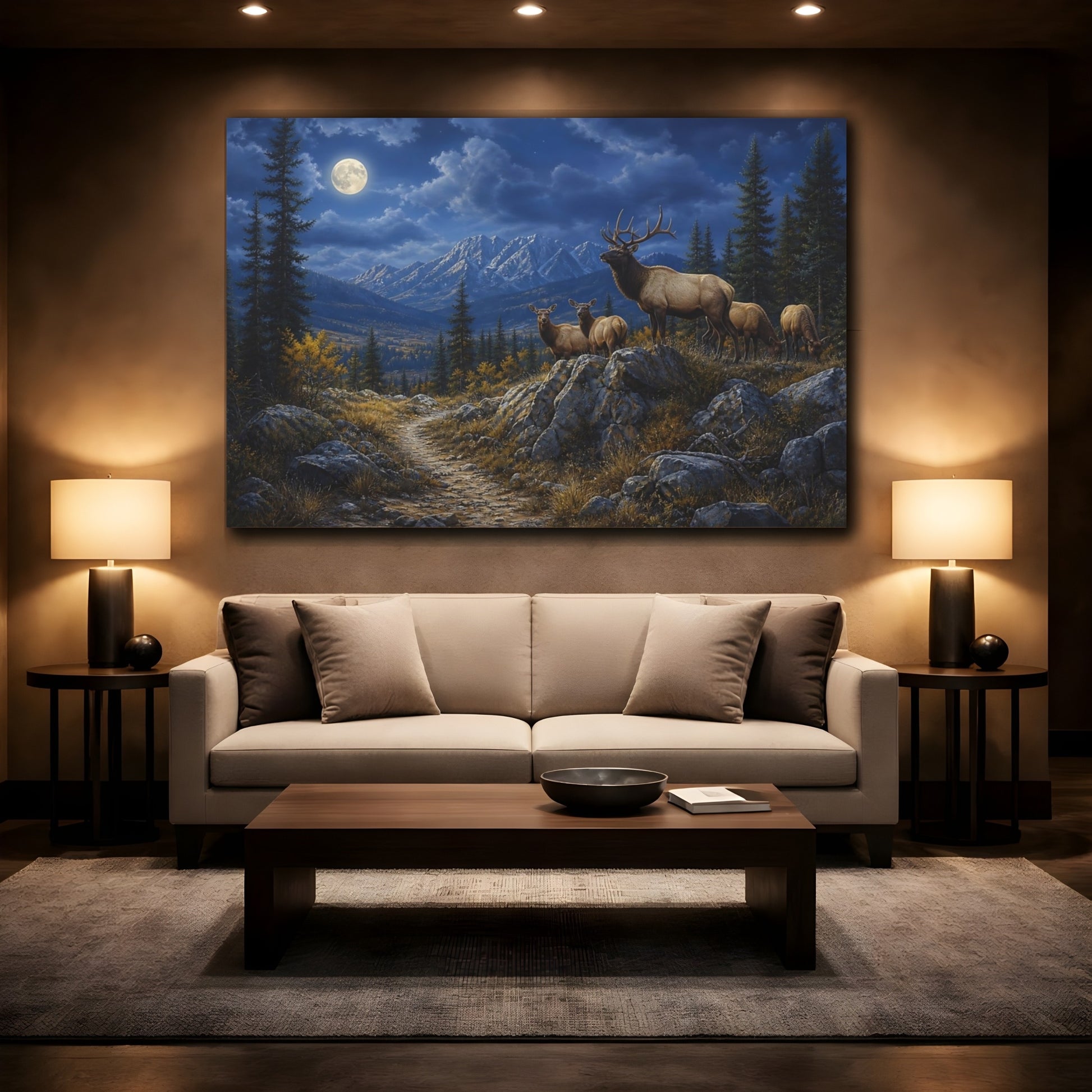 Mockup 2. Nature Elk Herd Moonlit Elk Mountain shown as stretched canvas wall art