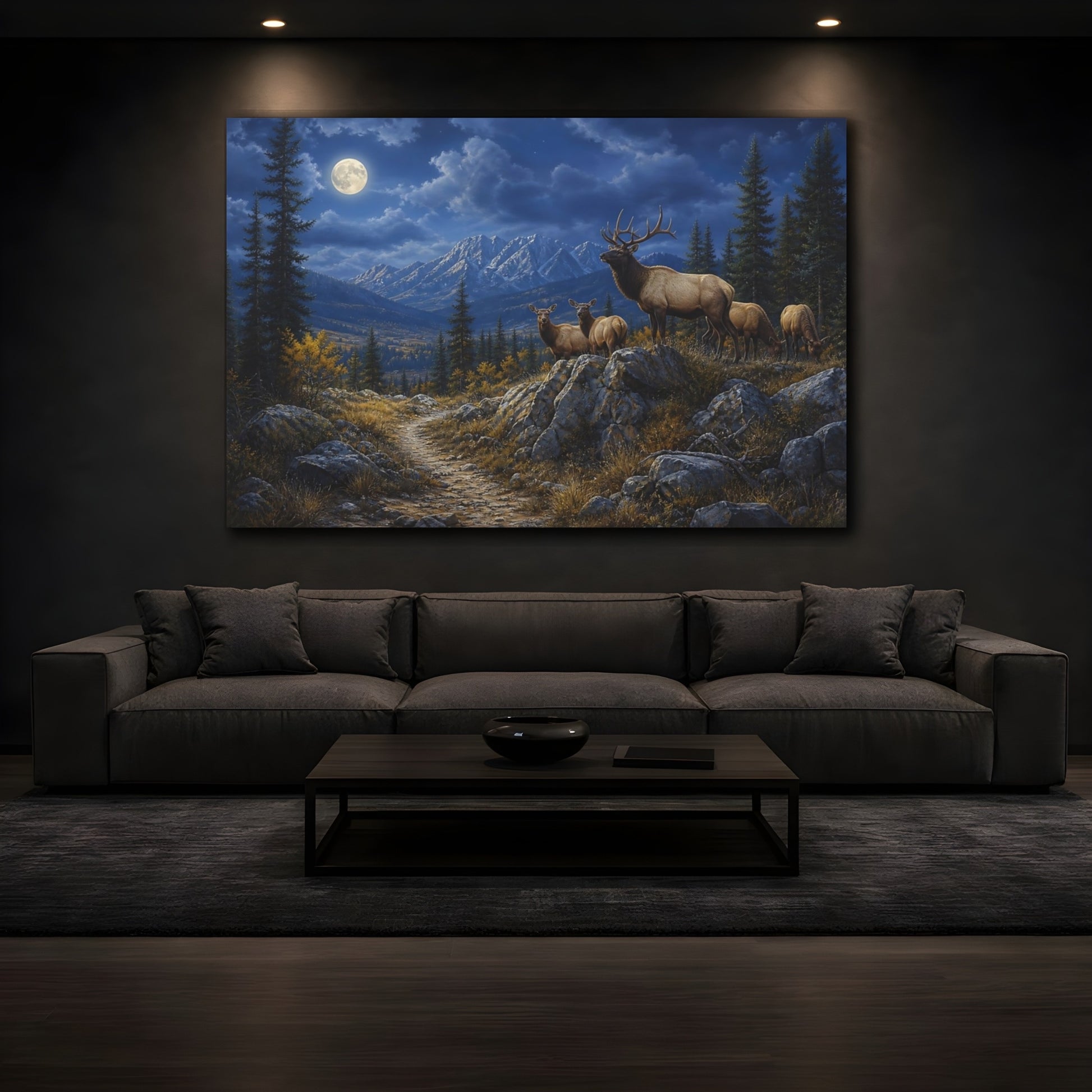 Mockup 3. Nature Elk Herd Moonlit Elk Mountain shown as stretched canvas wall art