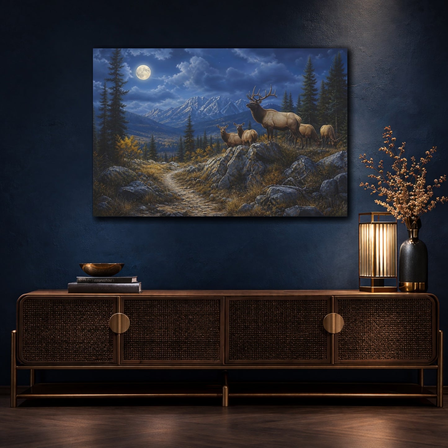 Mockup 4. Nature Elk Herd Moonlit Elk Mountain shown as stretched canvas wall art