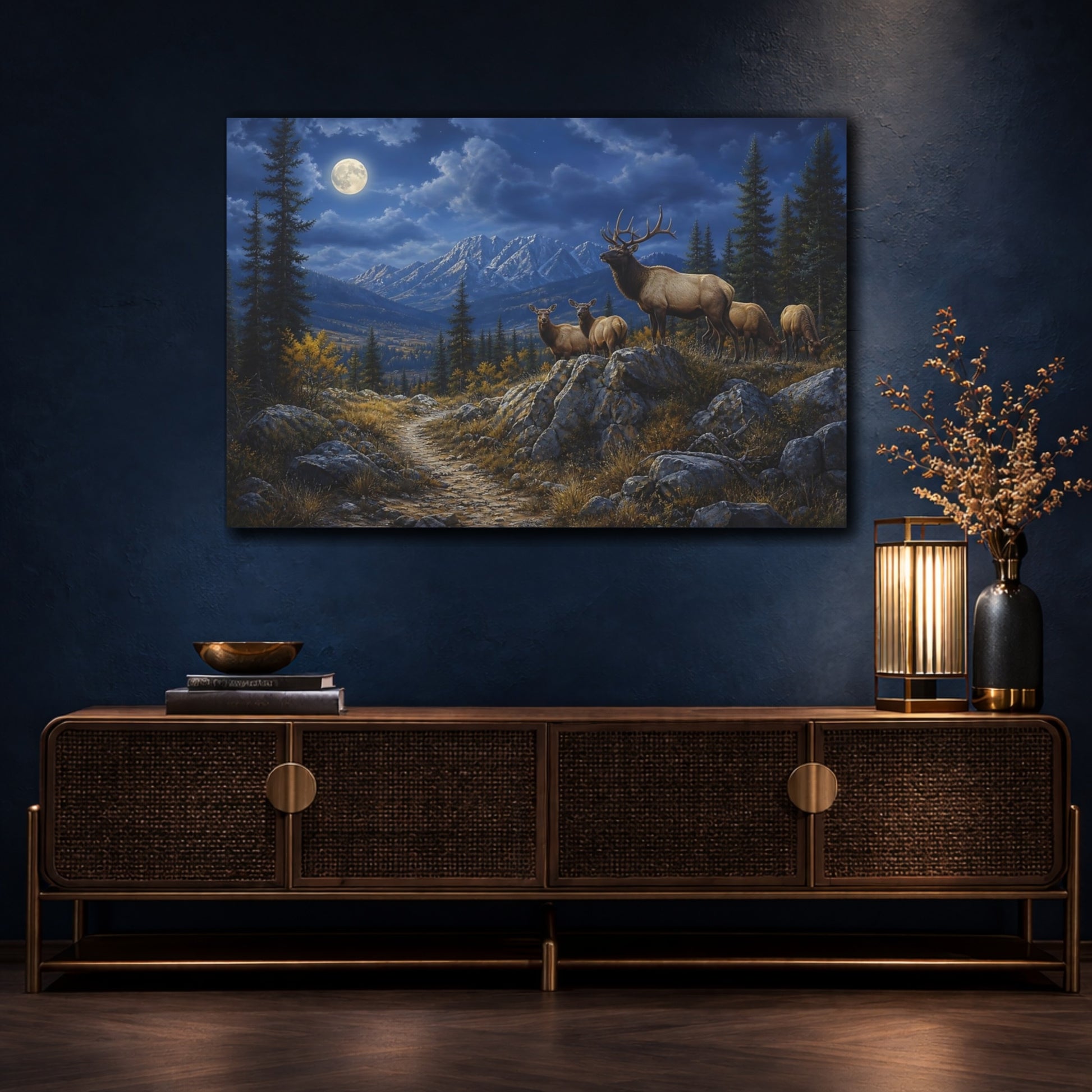 Mockup 4. Nature Elk Herd Moonlit Elk Mountain shown as stretched canvas wall art