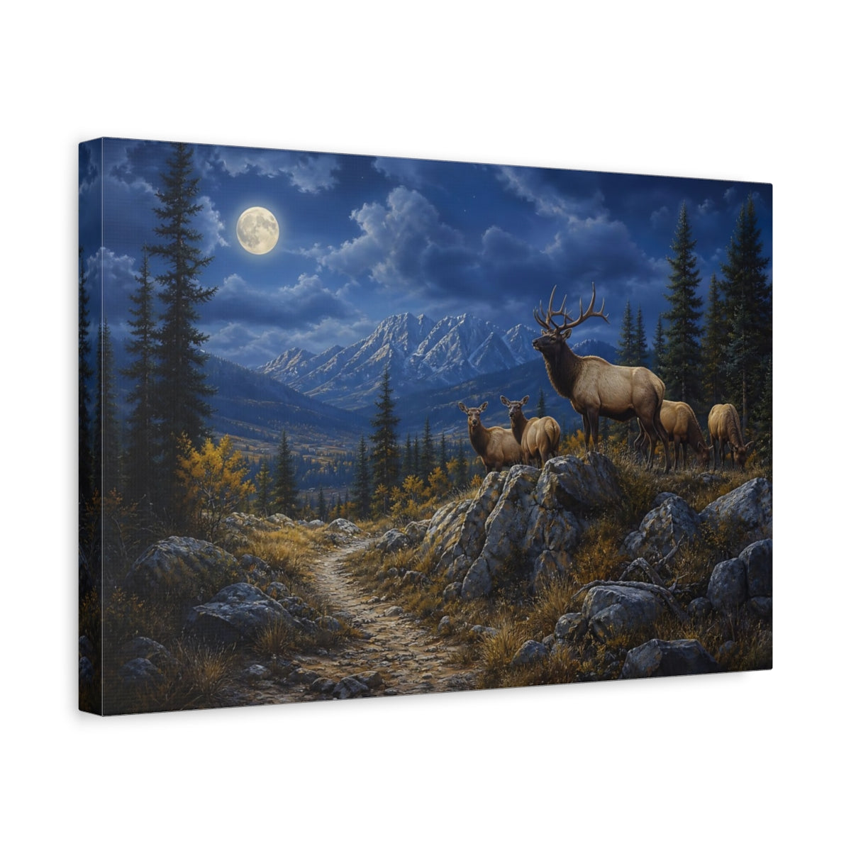 Side Mockup 4. Nature Elk Herd Moonlit Elk Mountain shown as stretched canvas wall art