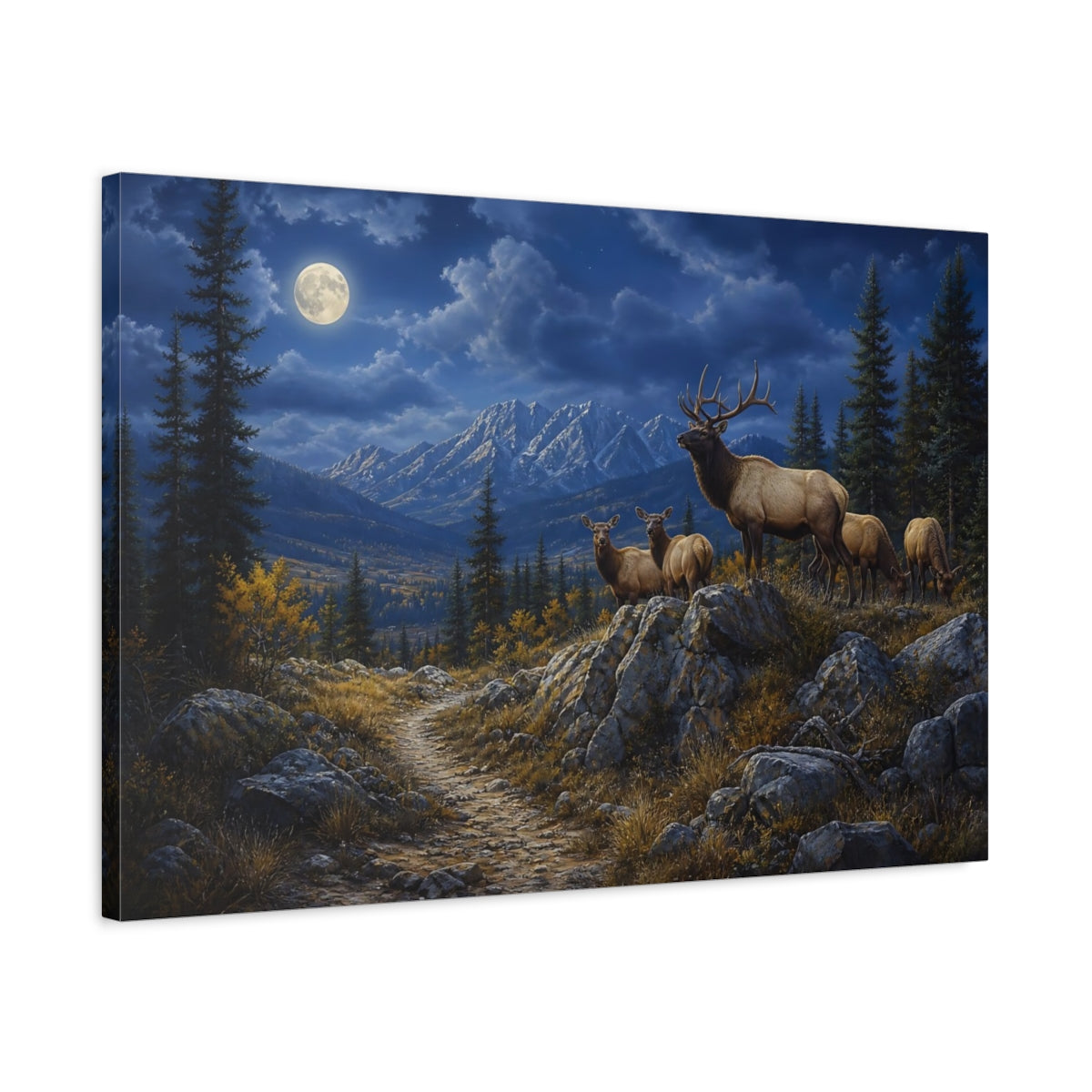 Side Mockup 2. Nature Elk Herd Moonlit Elk Mountain shown as stretched canvas wall art