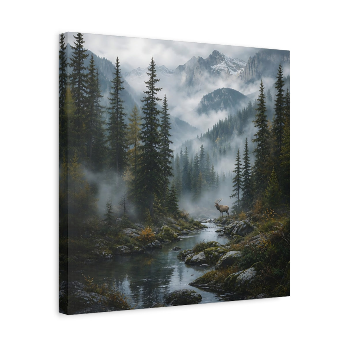 Side Mockup 6. Nature Elk Misty Forest Elk shown as stretched canvas wall art