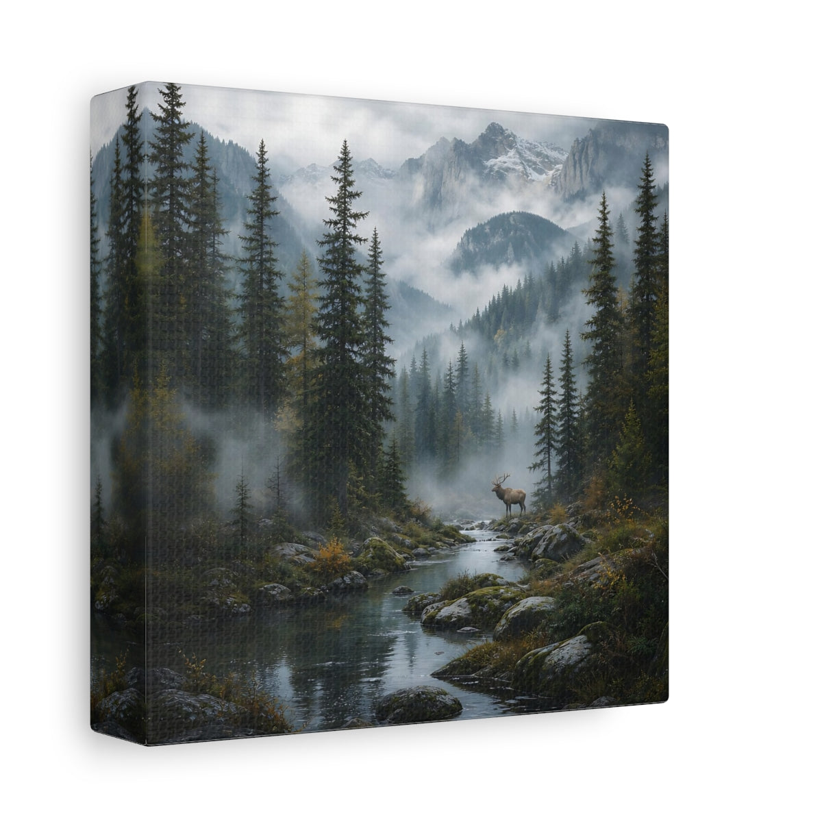 Side Mockup 2. Nature Elk Misty Forest Elk shown as stretched canvas wall art