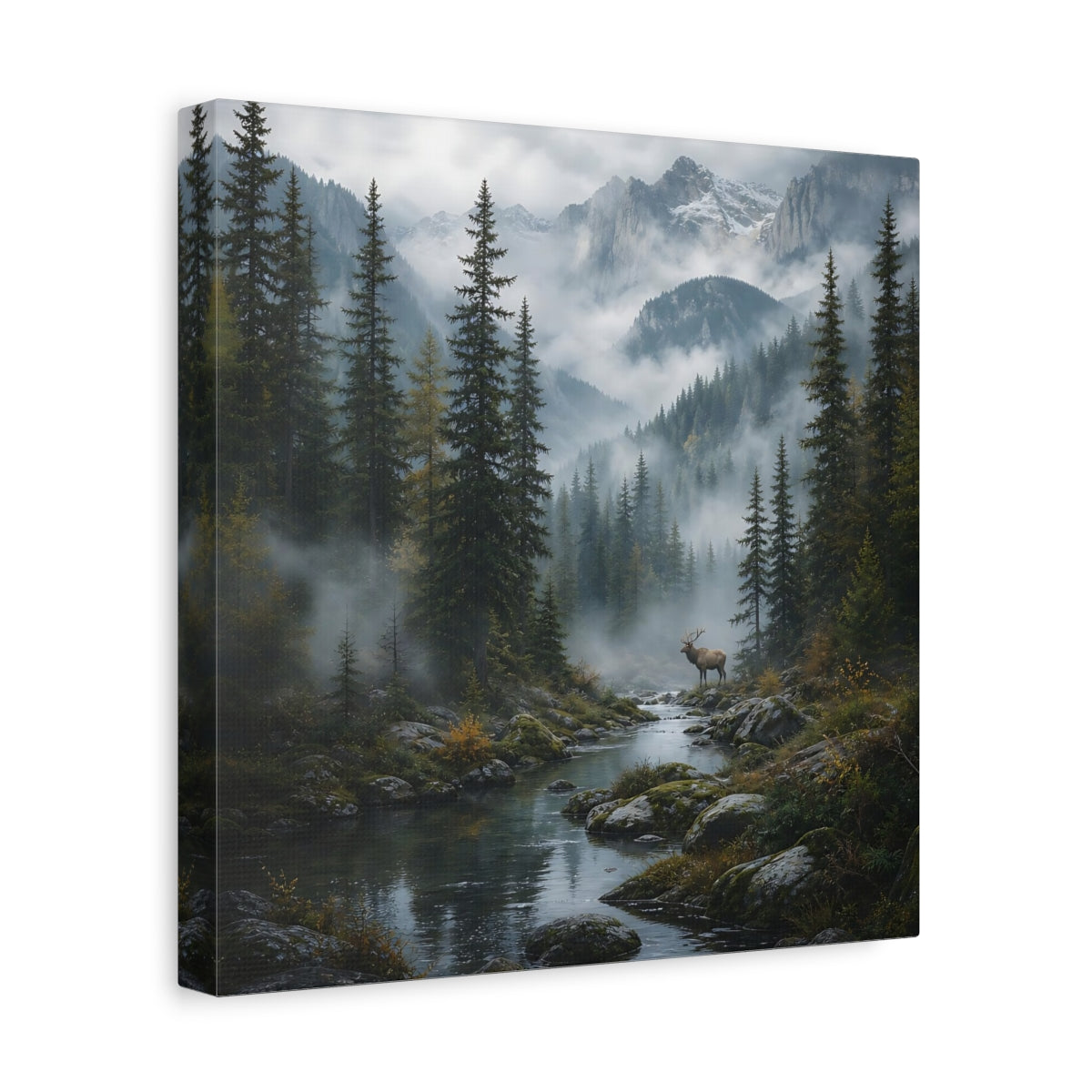 Side Mockup 8. Nature Elk Misty Forest Elk shown as stretched canvas wall art