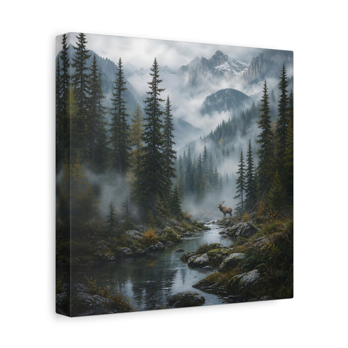 Side Mockup 9. Nature Elk Misty Forest Elk shown as stretched canvas wall art