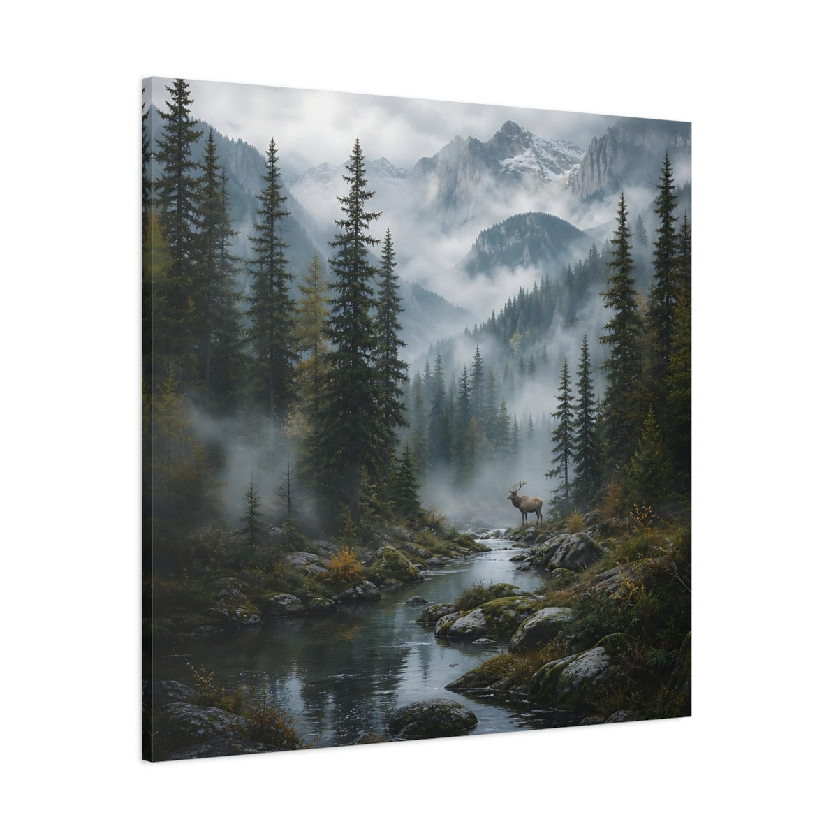 Side Mockup 1. Nature Elk Misty Forest Elk shown as stretched canvas wall art