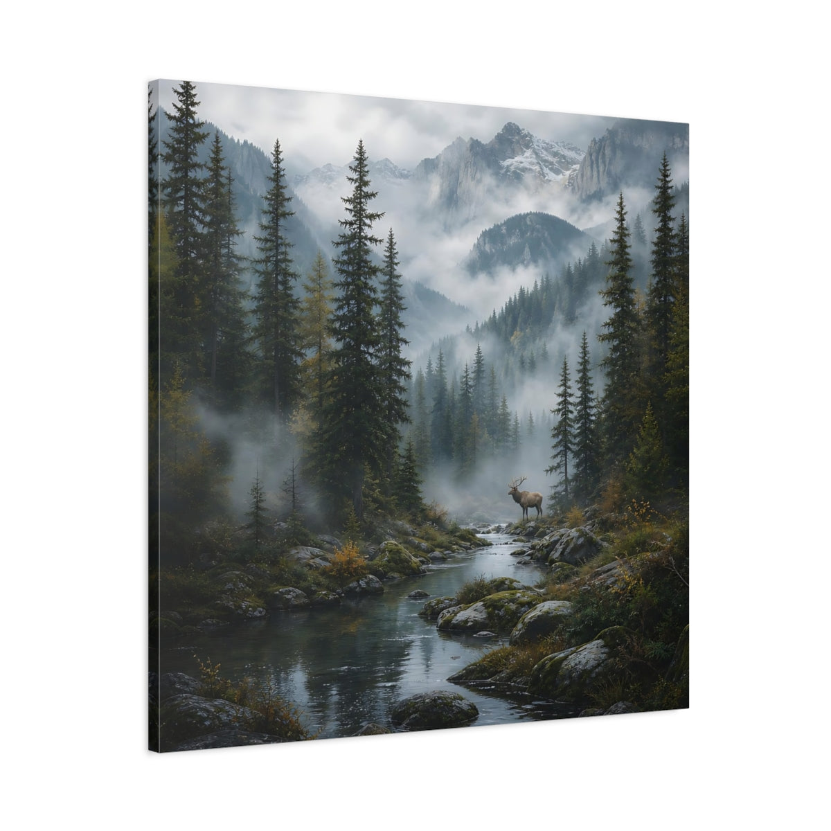 Main Mockup. Nature Elk Misty Forest Elk shown as stretched canvas wall art