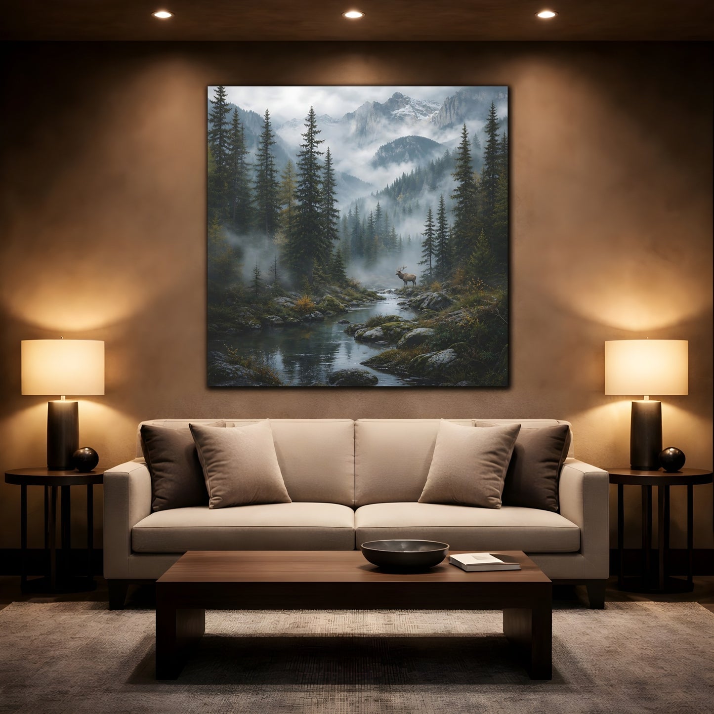 Mockup 2. Nature Elk Misty Forest Elk shown as stretched canvas wall art