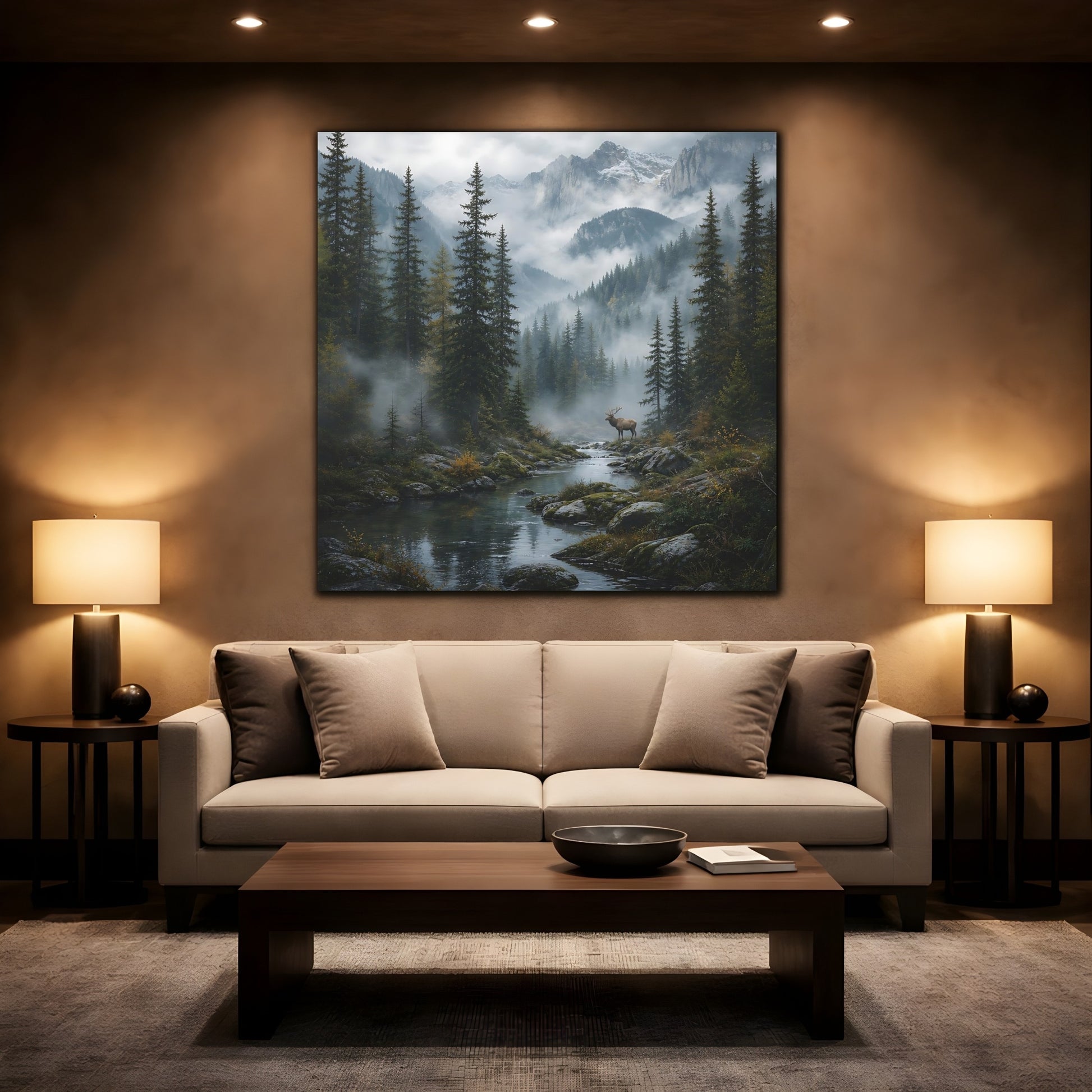 Mockup 2. Nature Elk Misty Forest Elk shown as stretched canvas wall art