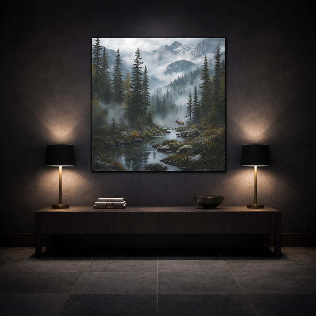 Mockup 3. Nature Elk Misty Forest Elk shown as stretched canvas wall art