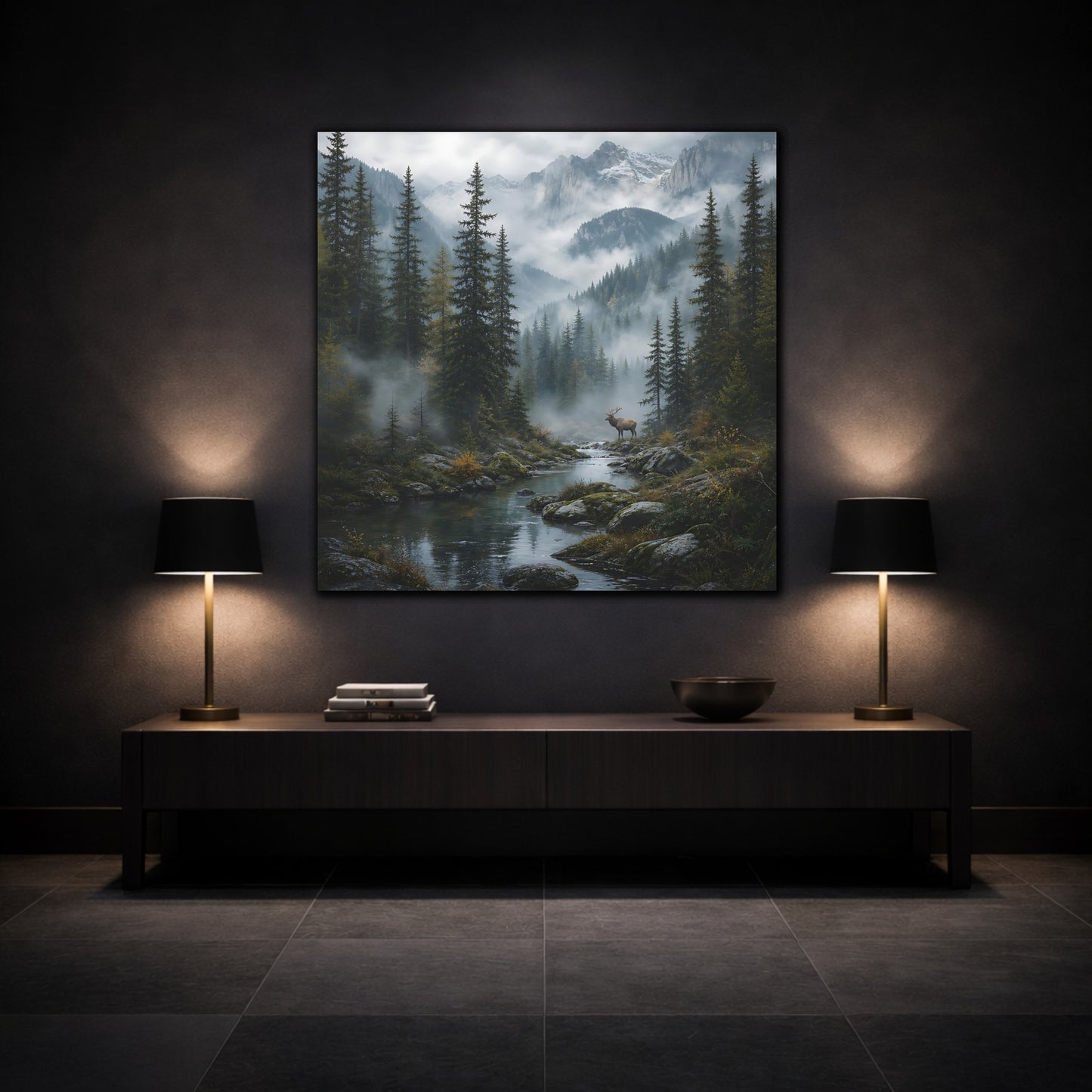 Mockup 3. Nature Elk Misty Forest Elk shown as stretched canvas wall art