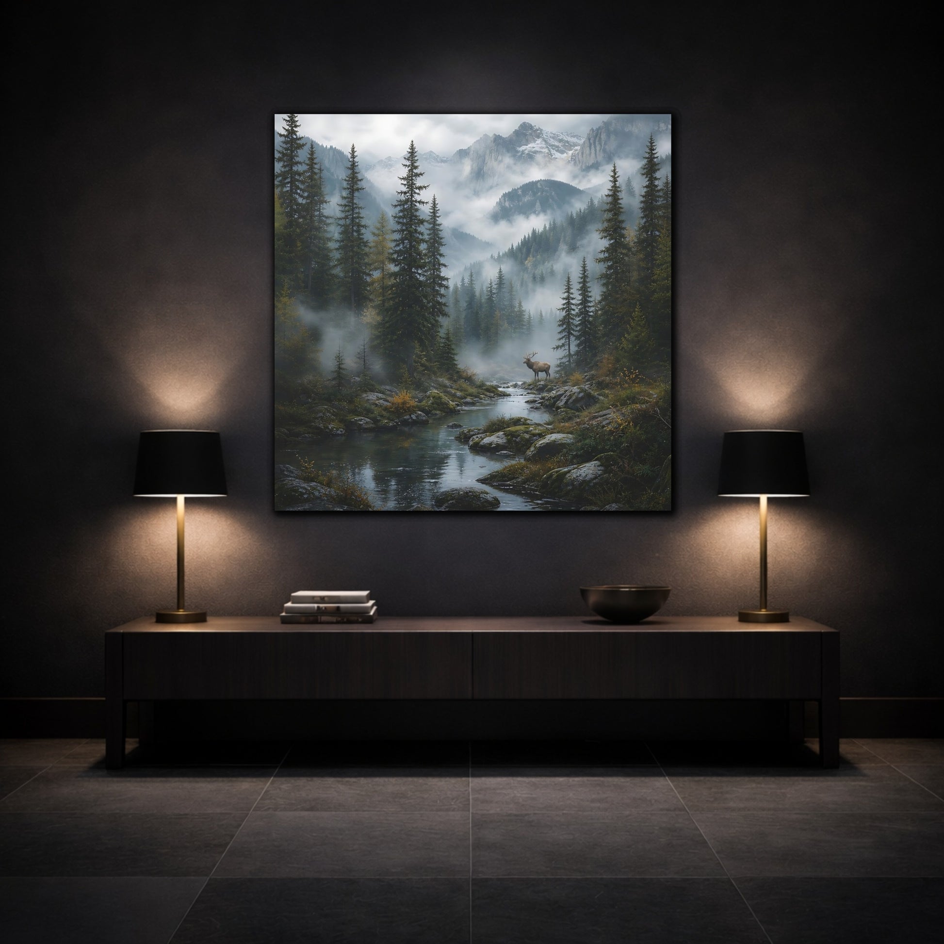 Mockup 3. Nature Elk Misty Forest Elk shown as stretched canvas wall art