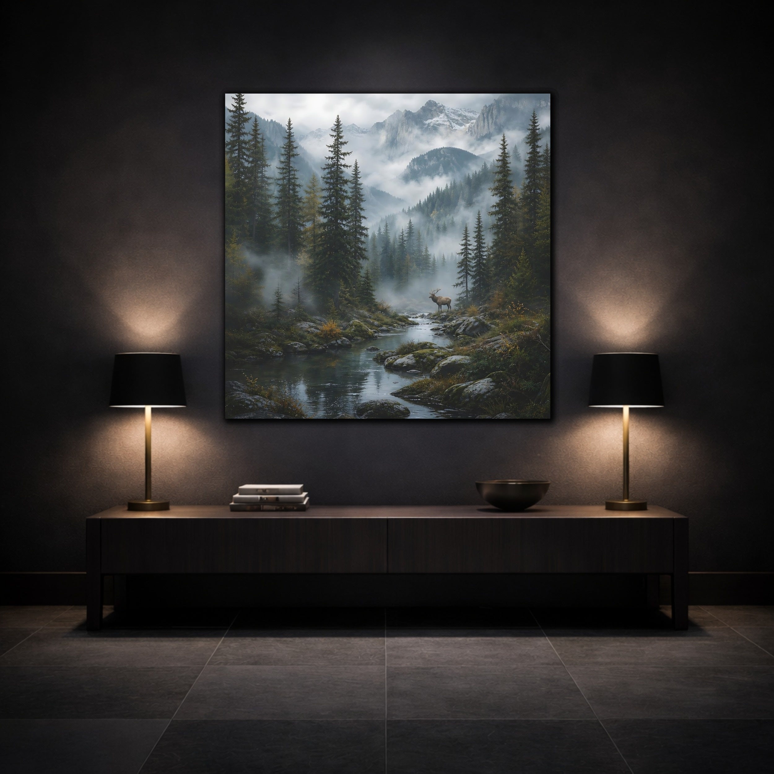Mockup 3. Nature Elk Misty Forest Elk shown as stretched canvas wall art