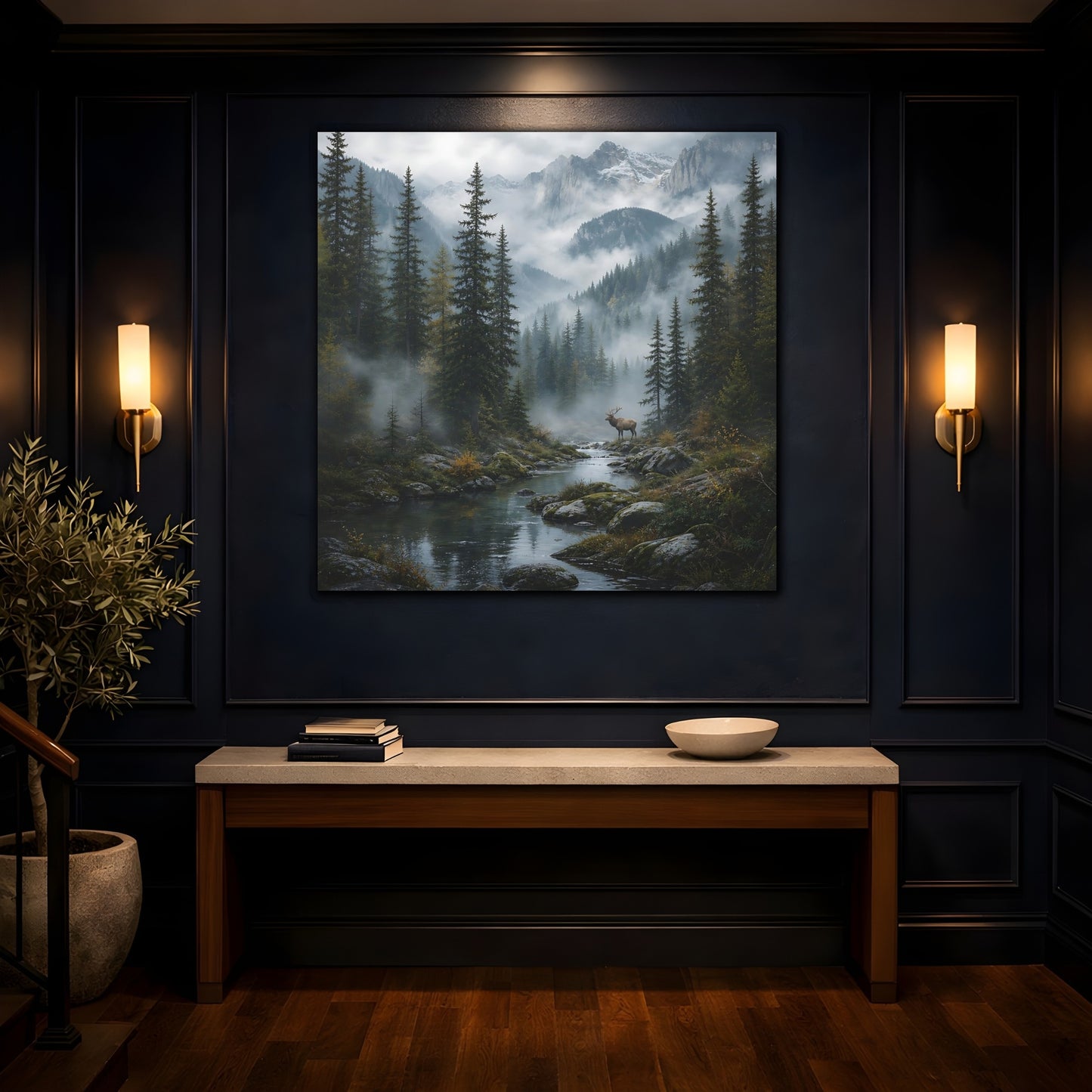 Mockup 4. Nature Elk Misty Forest Elk shown as stretched canvas wall art