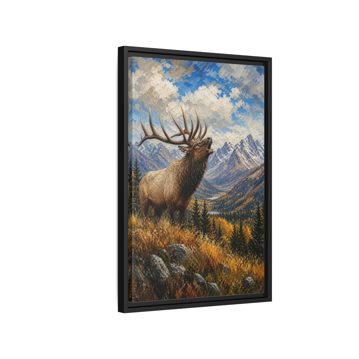 Side Mockup 3. Nature Elk Elk Mountains shown as stretched canvas wall art