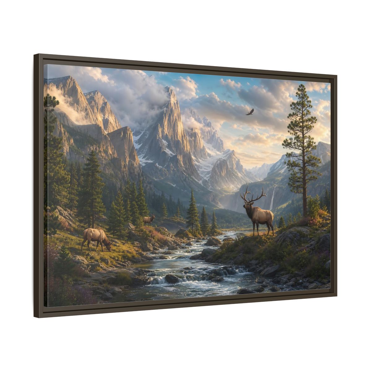 Main Mockup. Nature Elk Mountains Mountain River Elk shown as stretched canvas wall art