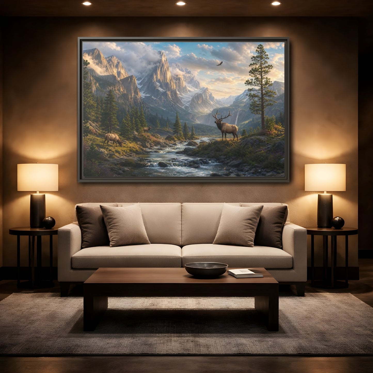 Mockup 2. Nature Elk Mountains Mountain River Elk shown as stretched canvas wall art