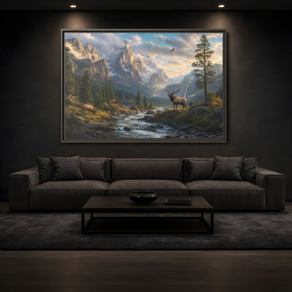 Mockup 3. Nature Elk Mountains Mountain River Elk shown as stretched canvas wall art