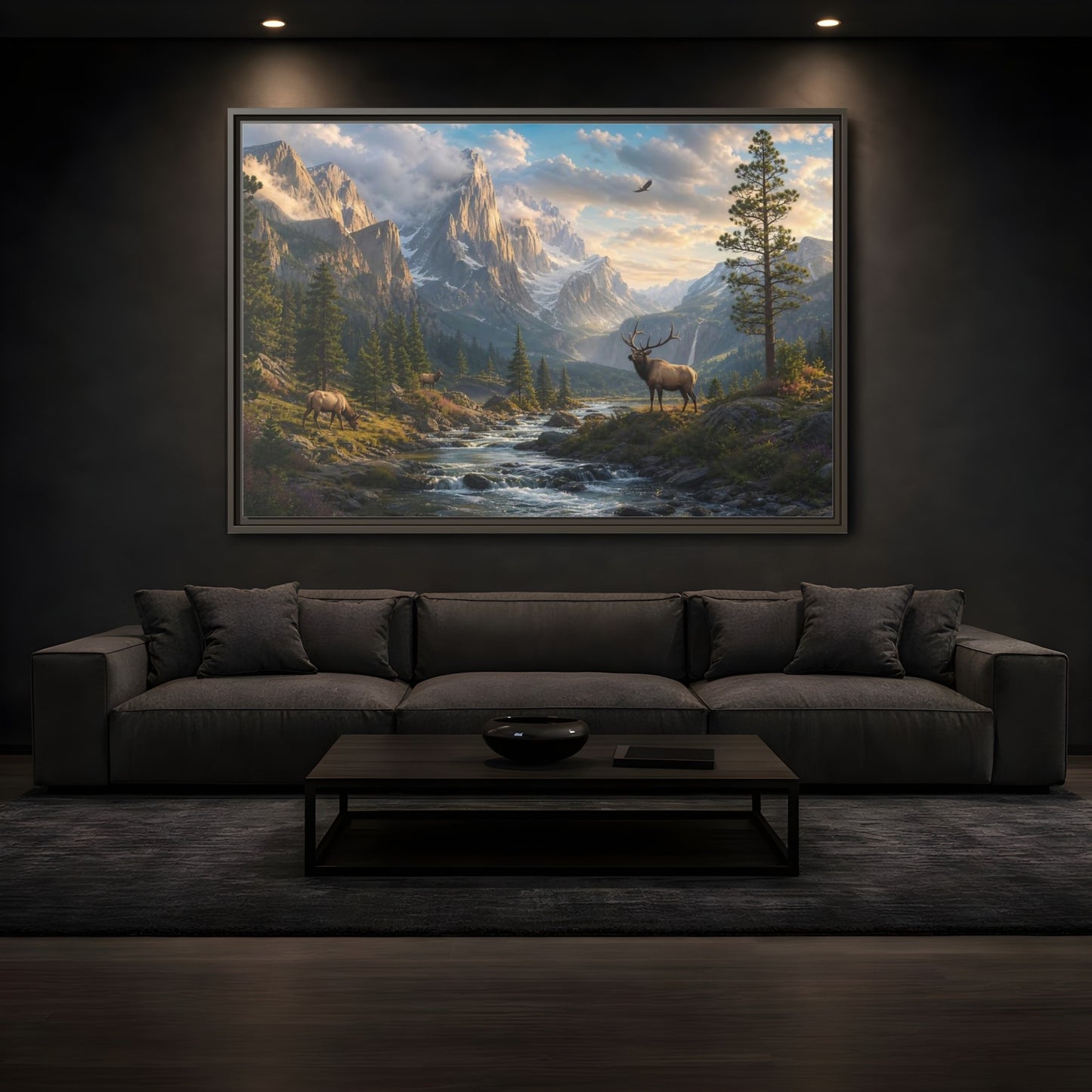 Mockup 3. Nature Elk Mountains Mountain River Elk shown as stretched canvas wall art