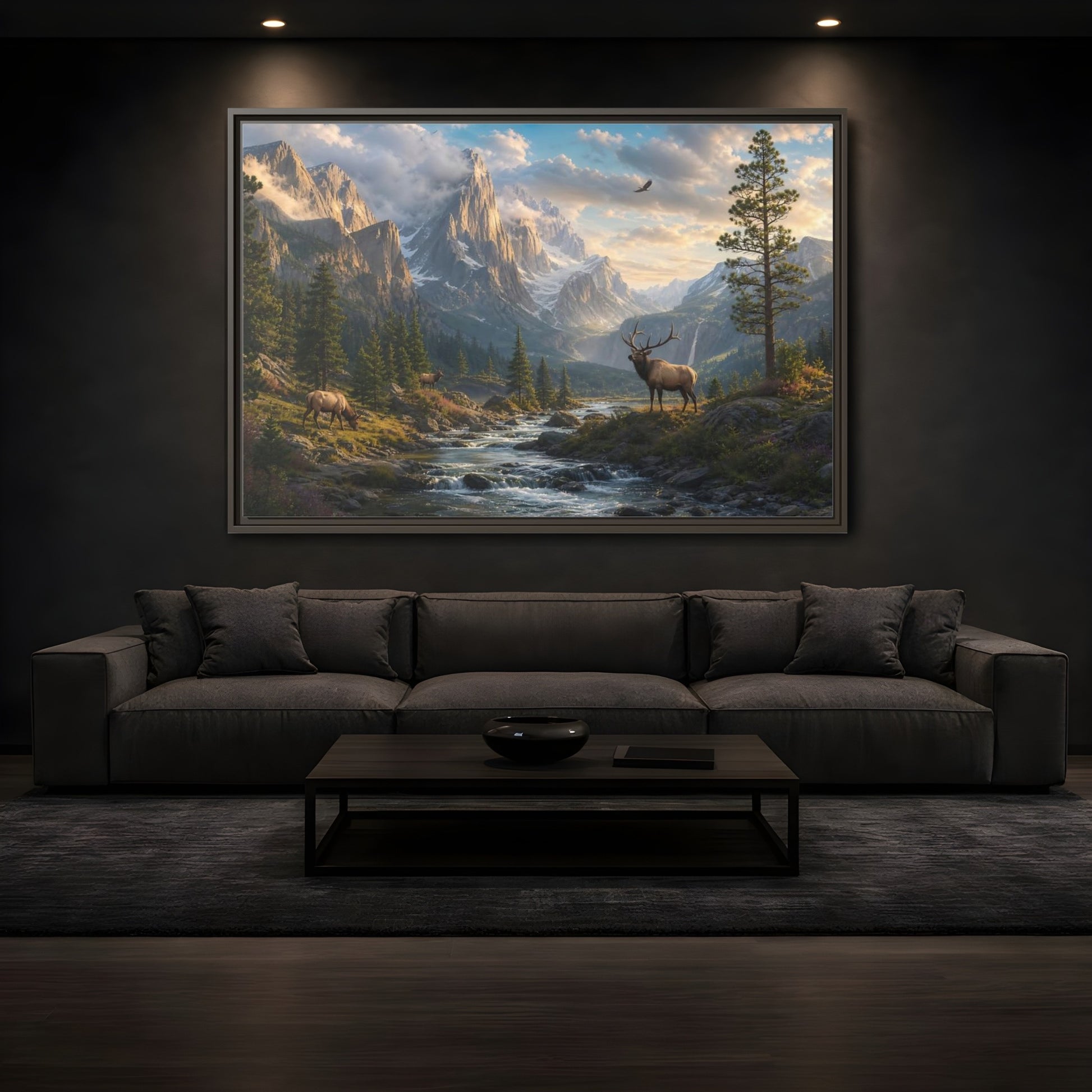 Mockup 3. Nature Elk Mountains Mountain River Elk shown as stretched canvas wall art