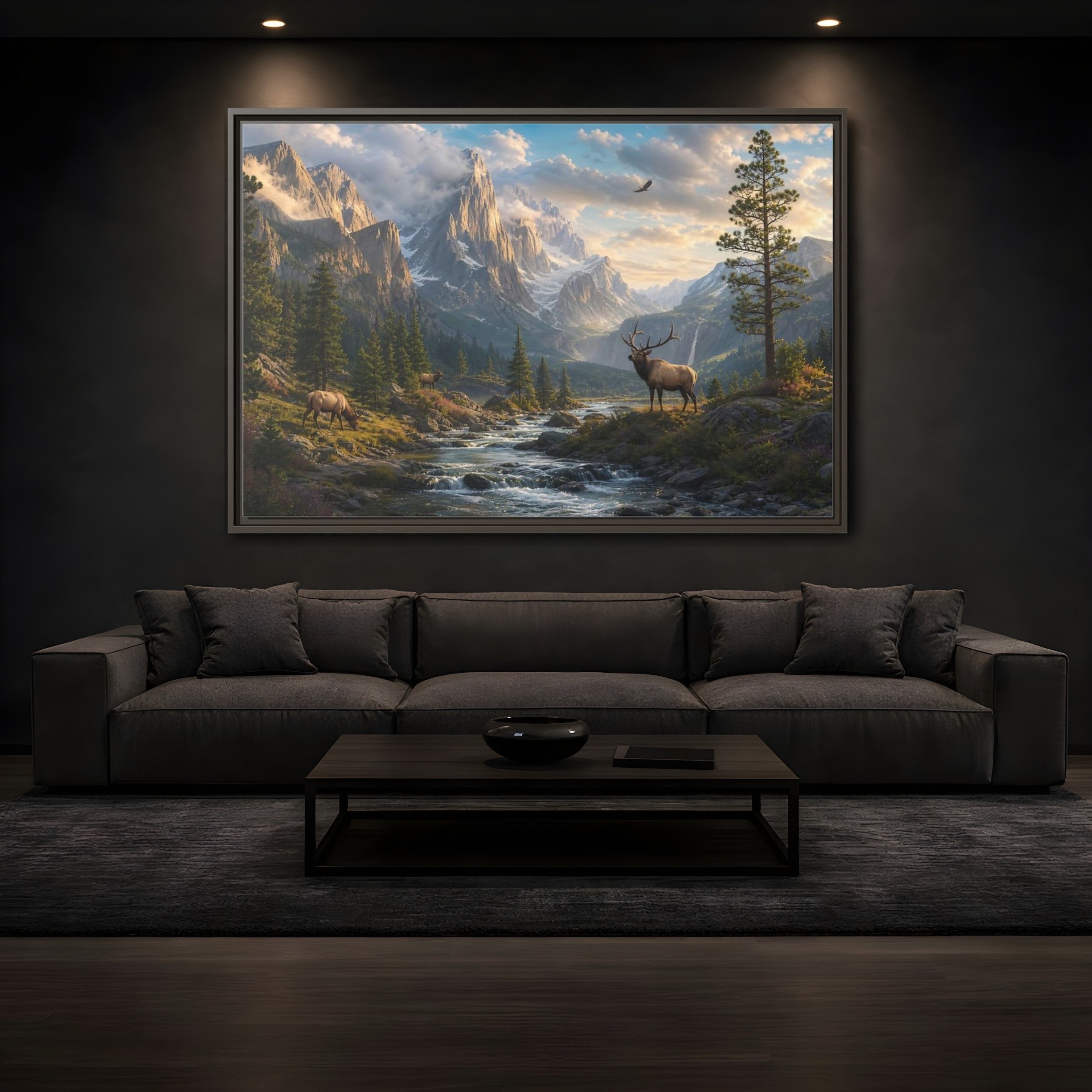 Mockup 3. Nature Elk Mountains Mountain River Elk shown as stretched canvas wall art