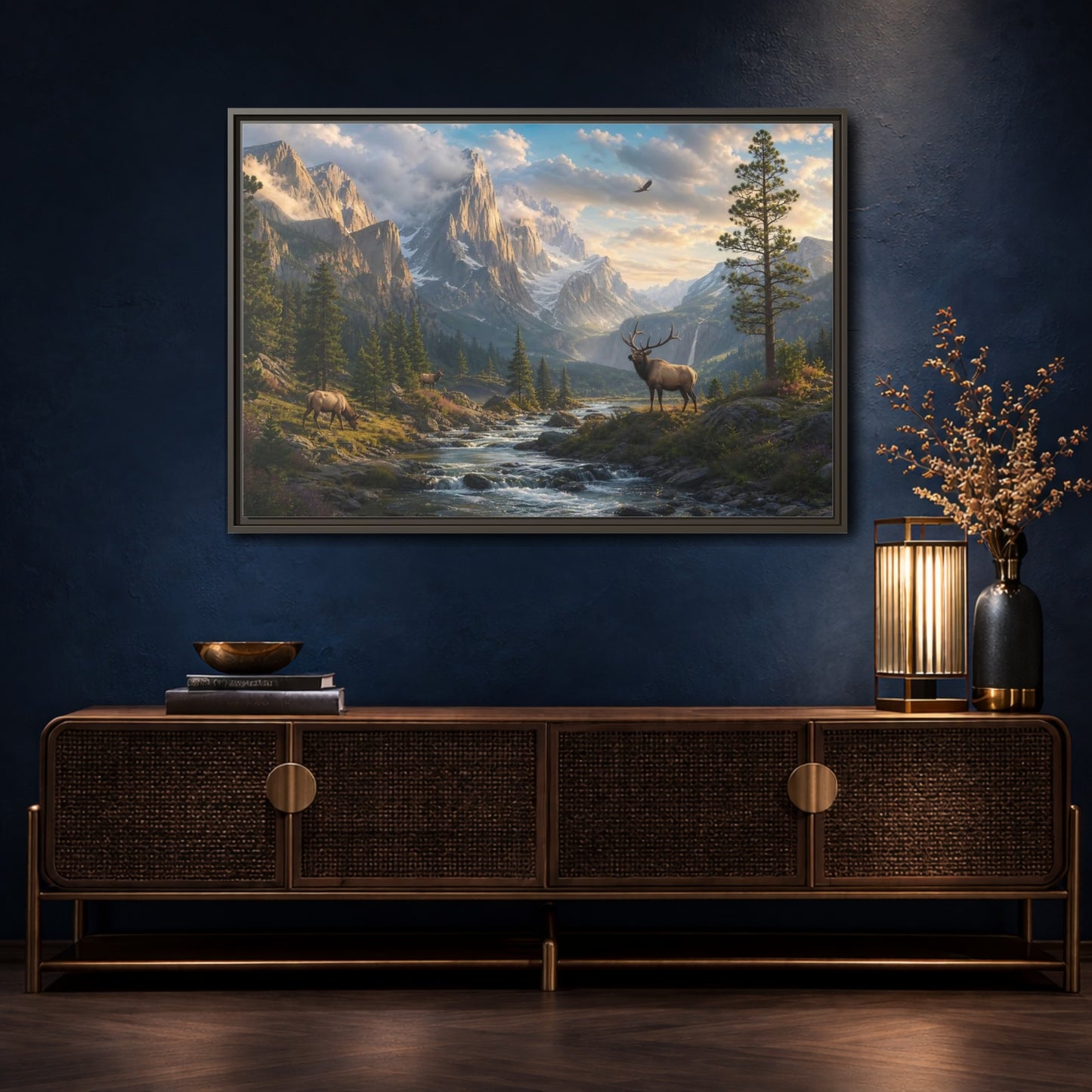 Mockup 4. Nature Elk Mountains Mountain River Elk shown as stretched canvas wall art