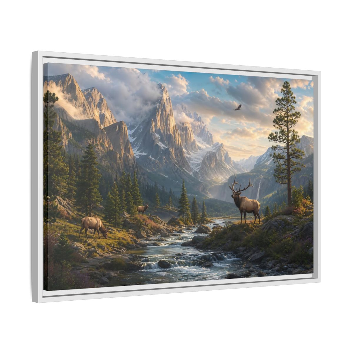 Side Mockup 10. Nature Elk Mountains Mountain River Elk shown as stretched canvas wall art