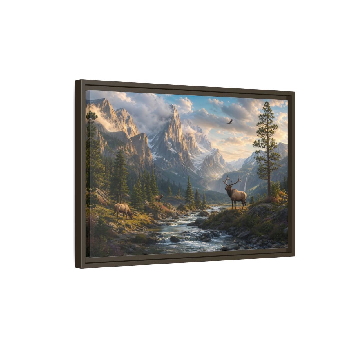 Side Mockup 2. Nature Elk Mountains Mountain River Elk shown as stretched canvas wall art