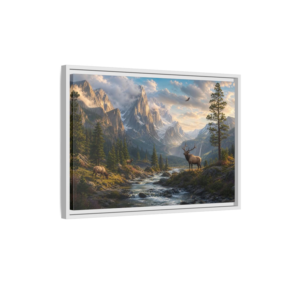 Side Mockup 1. Nature Elk Mountains Mountain River Elk shown as stretched canvas wall art