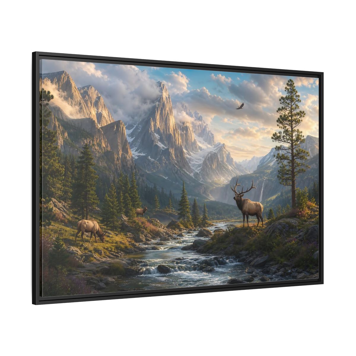 Side Mockup 12. Nature Elk Mountains Mountain River Elk shown as stretched canvas wall art