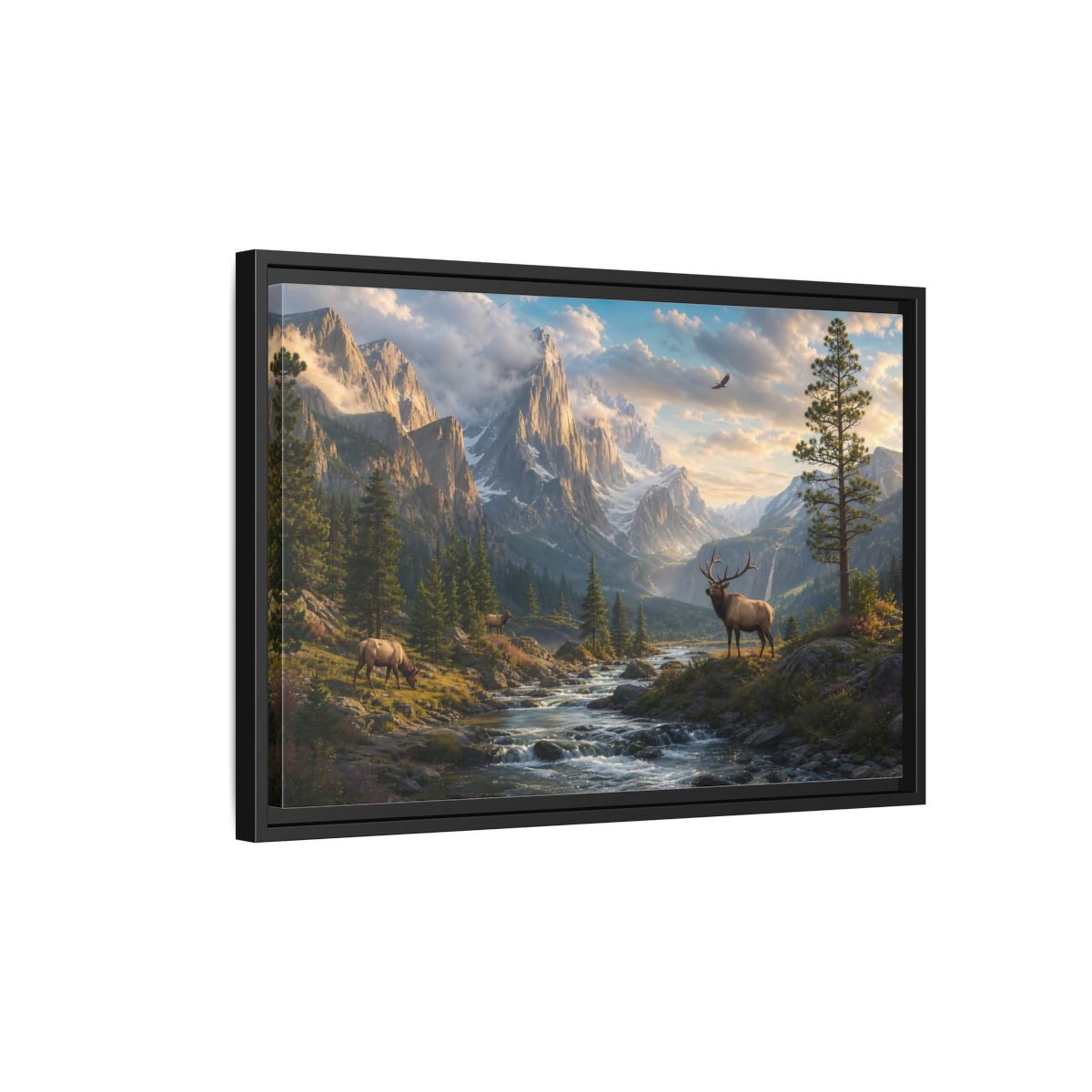 Side Mockup 3. Nature Elk Mountains Mountain River Elk shown as stretched canvas wall art