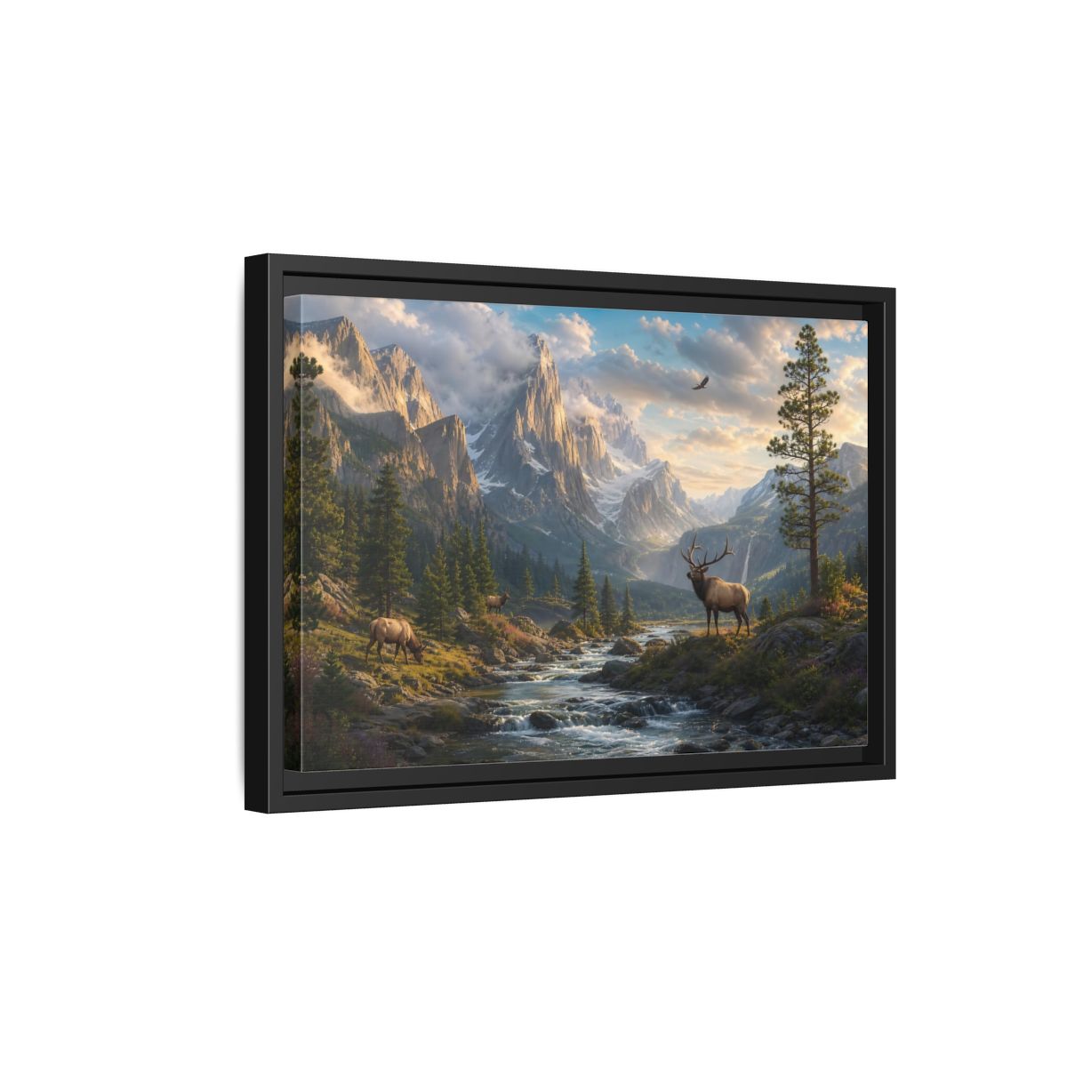 Side Mockup 6. Nature Elk Mountains Mountain River Elk shown as stretched canvas wall art