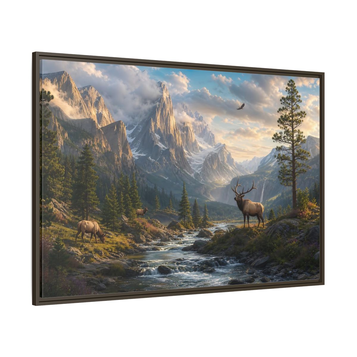 Side Mockup 8. Nature Elk Mountains Mountain River Elk shown as stretched canvas wall art