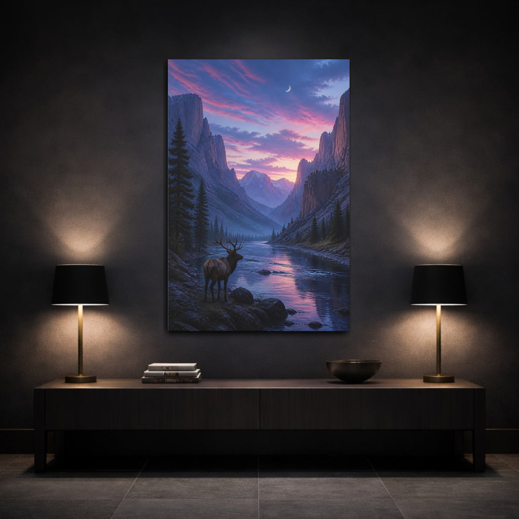 Mockup 3. Nature Elk Purple Landscape shown as stretched canvas wall art