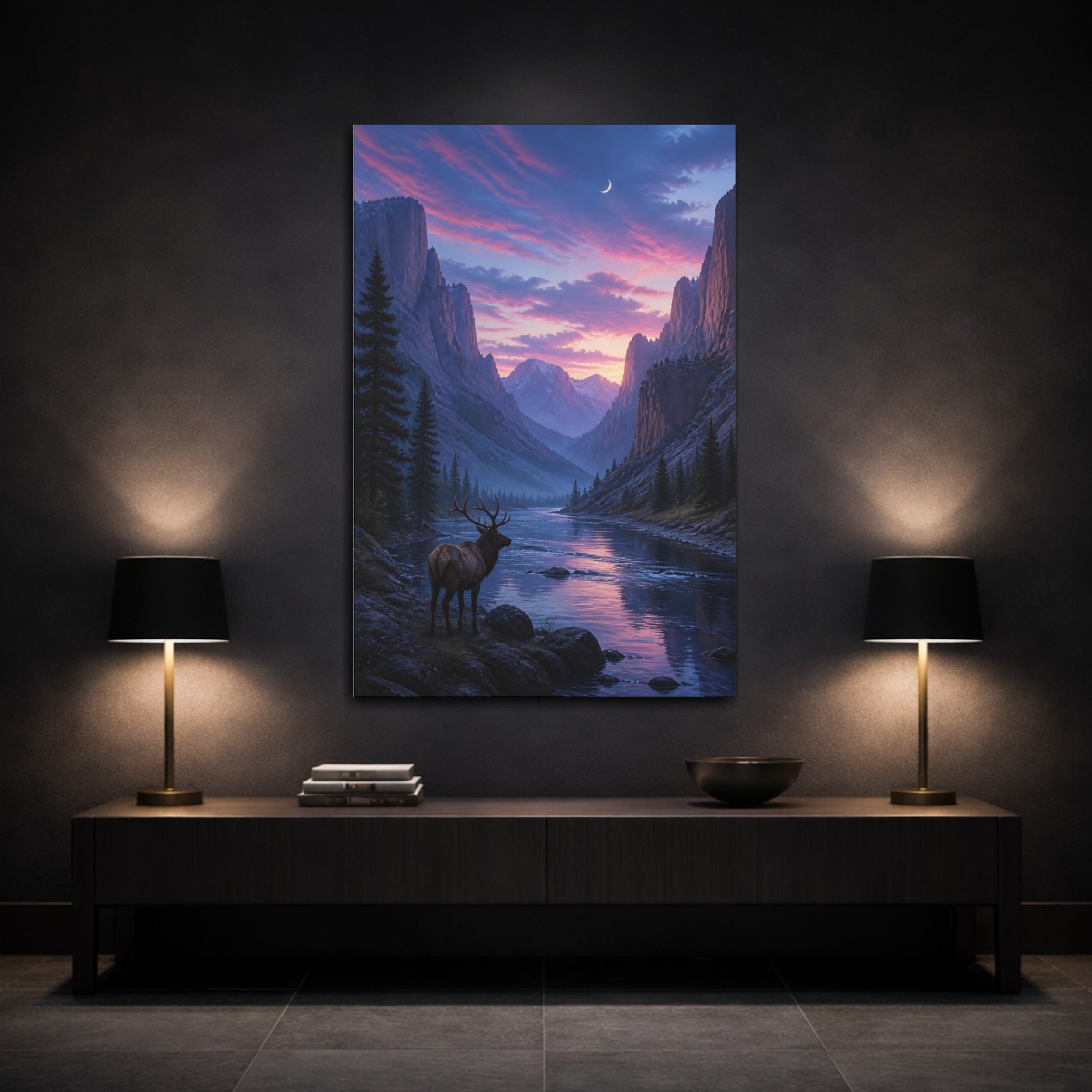 Mockup 3. Nature Elk Purple Landscape shown as stretched canvas wall art
