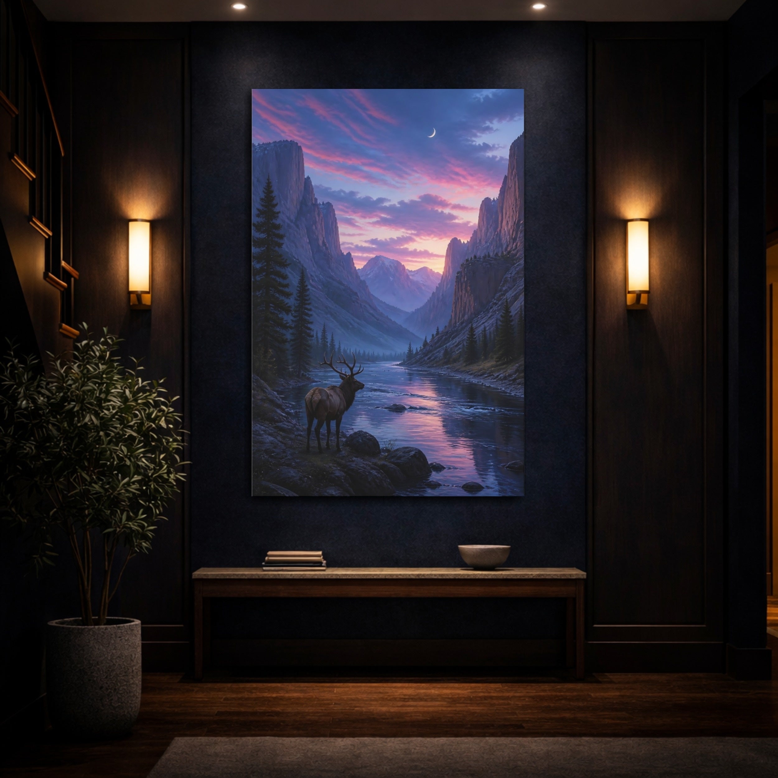 Mockup 4. Nature Elk Purple Landscape shown as stretched canvas wall art