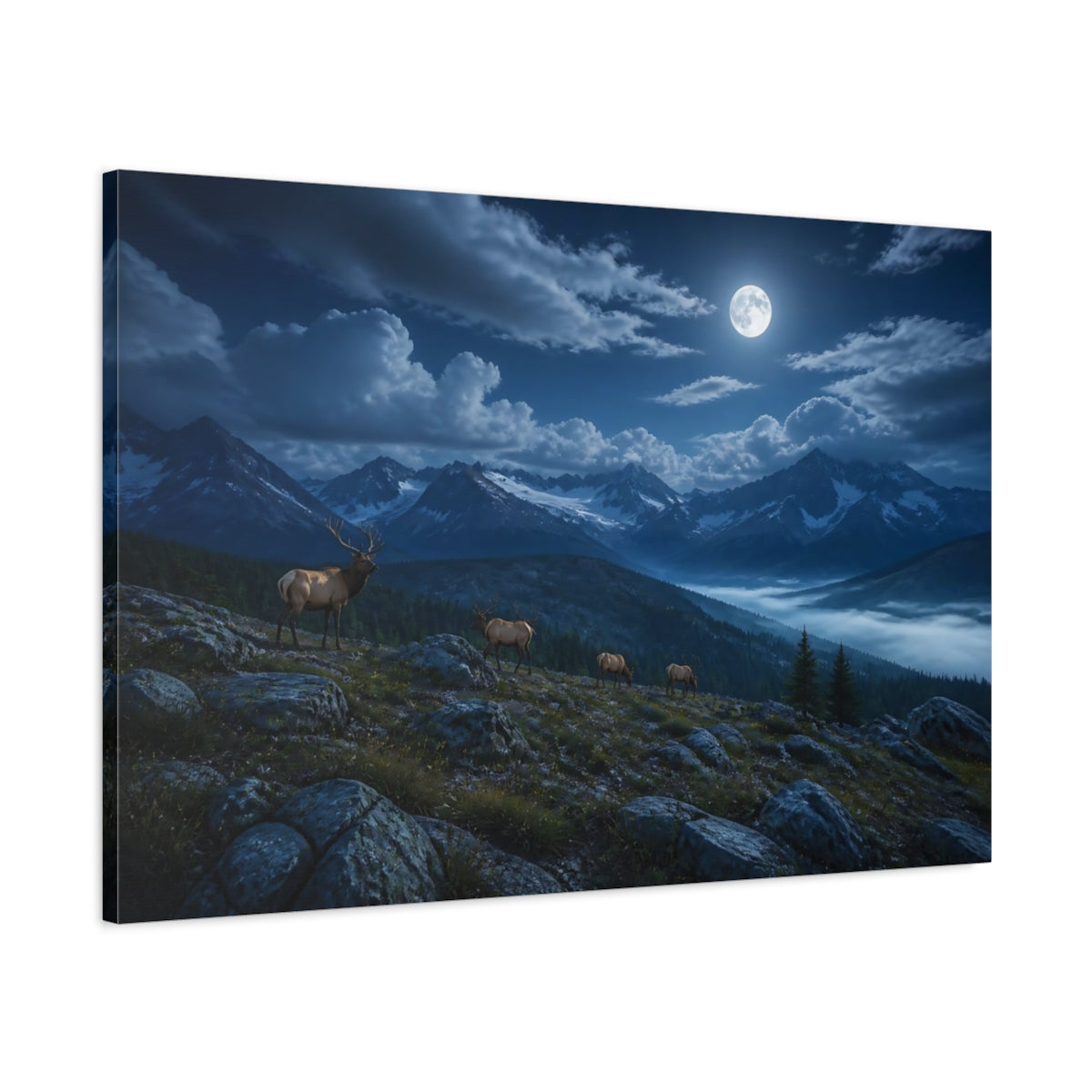 Main Mockup. Nature Elks Elk Moonlit Mountains shown as stretched canvas wall art