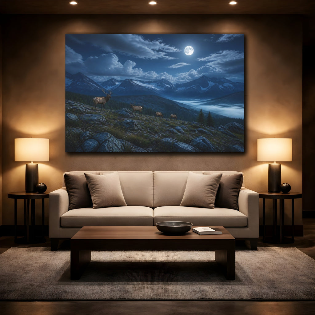 Mockup 2. Nature Elks Elk Moonlit Mountains shown as stretched canvas wall art