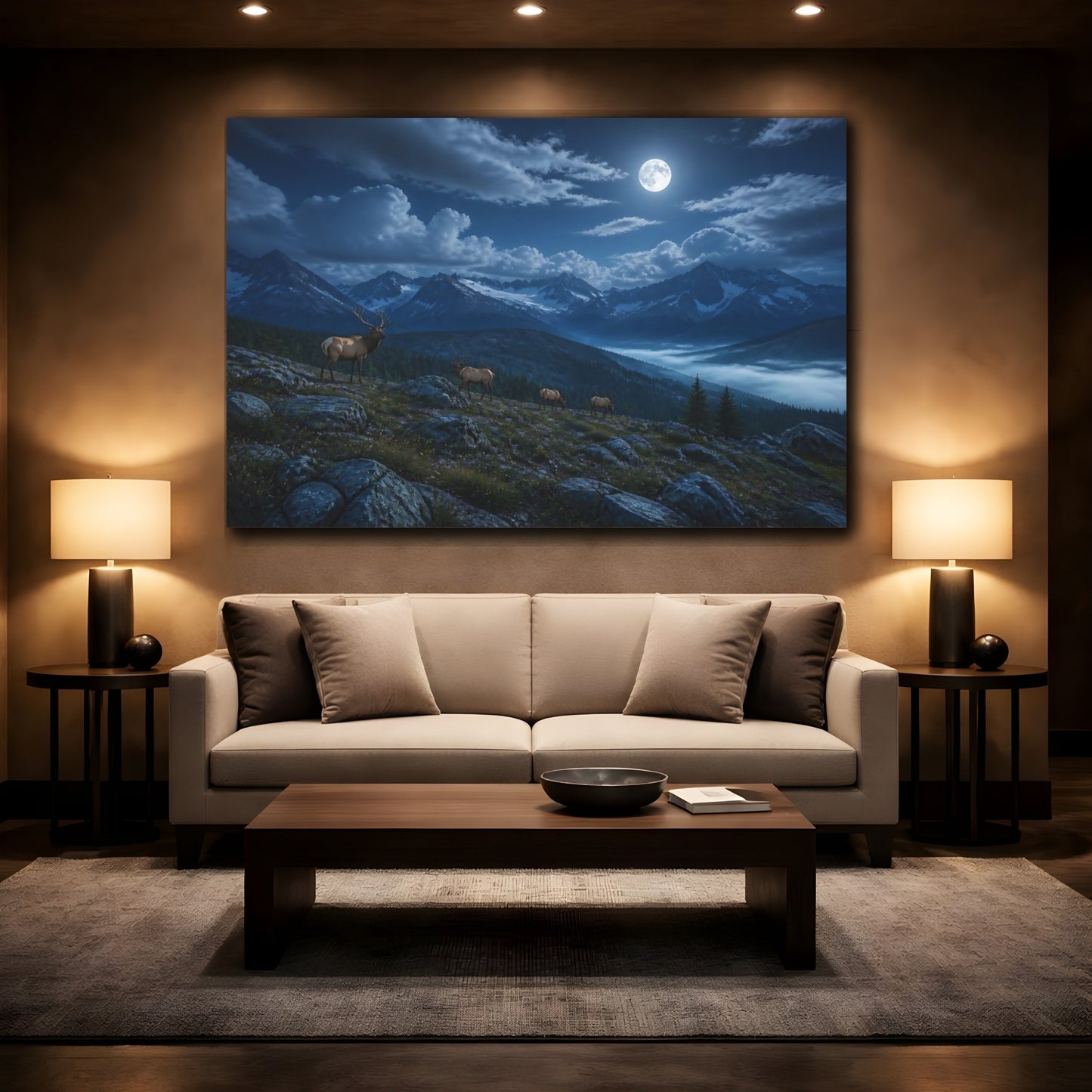 Mockup 2. Nature Elks Elk Moonlit Mountains shown as stretched canvas wall art