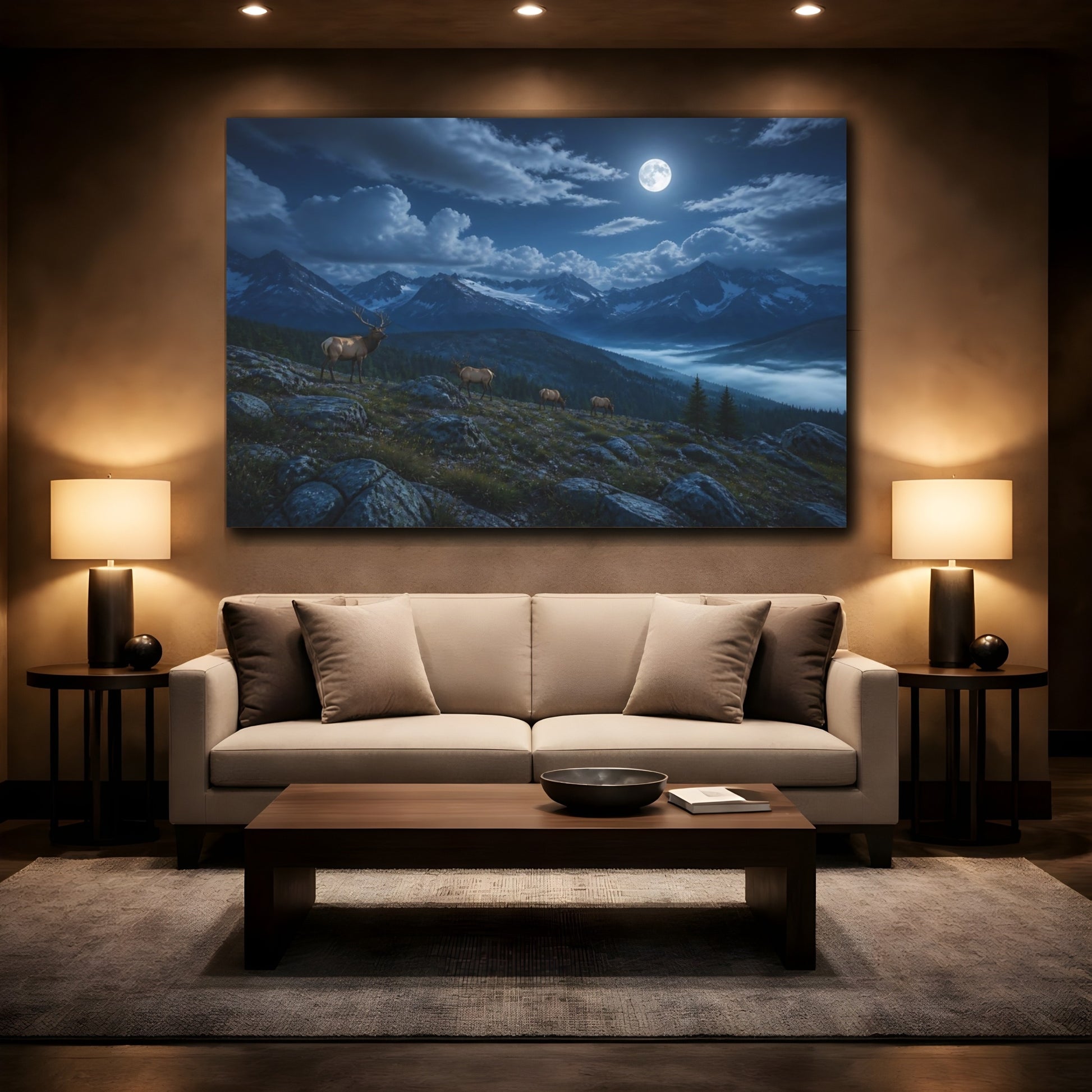 Mockup 2. Nature Elks Elk Moonlit Mountains shown as stretched canvas wall art