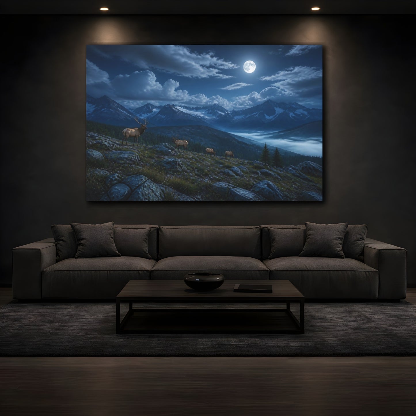 Mockup 3. Nature Elks Elk Moonlit Mountains shown as stretched canvas wall art