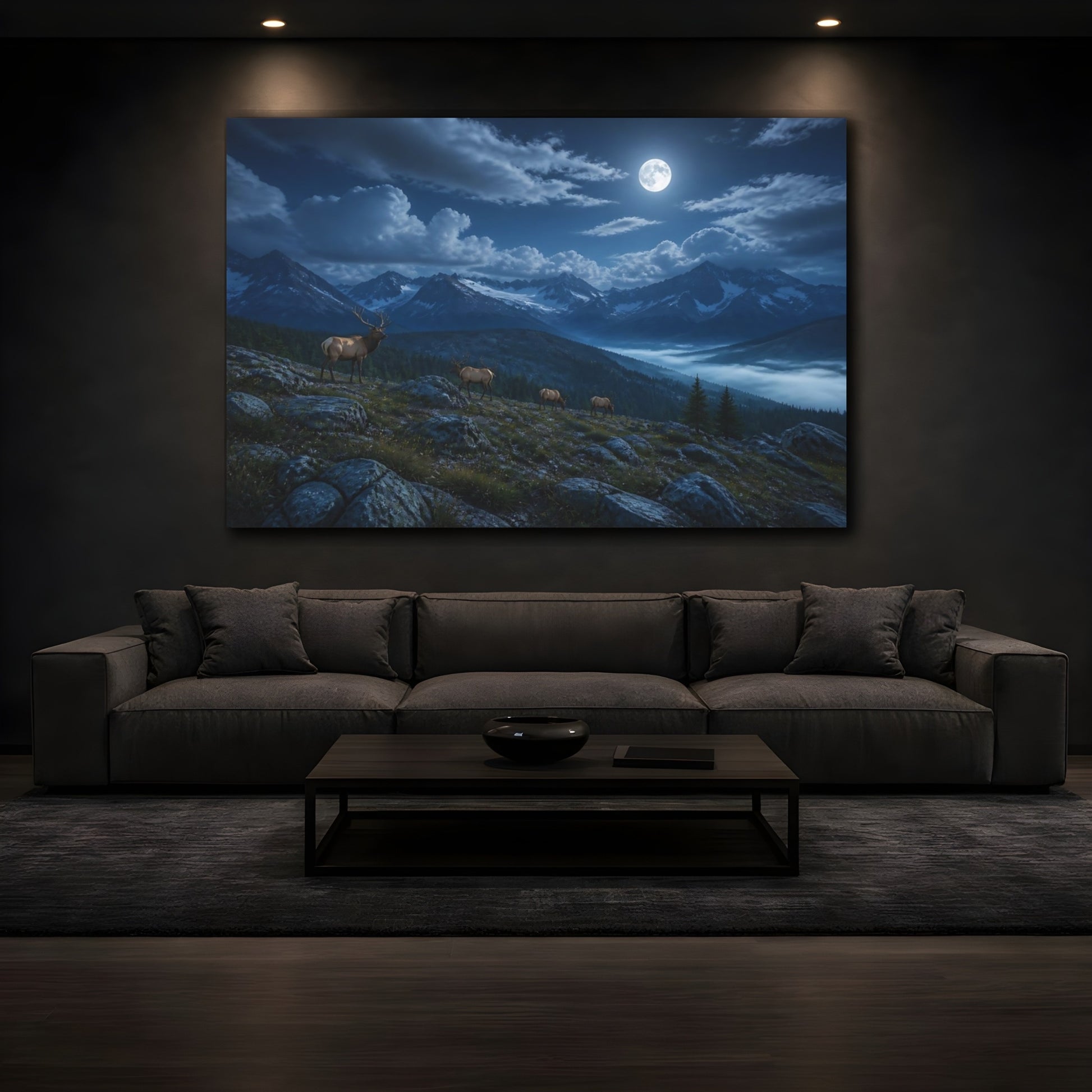 Mockup 3. Nature Elks Elk Moonlit Mountains shown as stretched canvas wall art