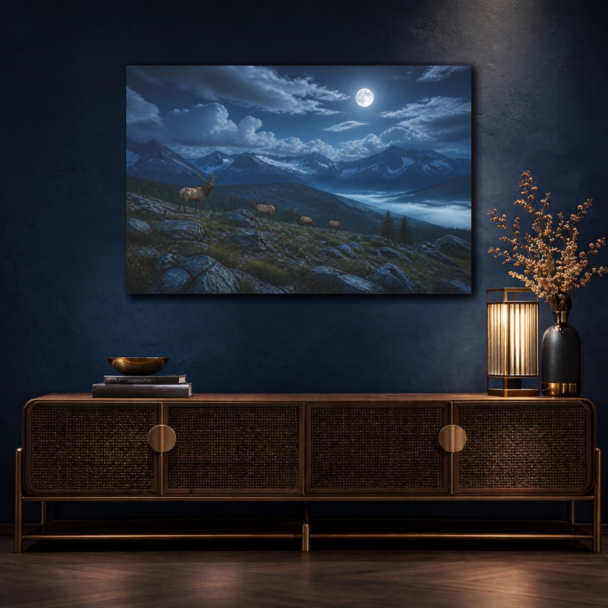 Mockup 4. Nature Elks Elk Moonlit Mountains shown as stretched canvas wall art