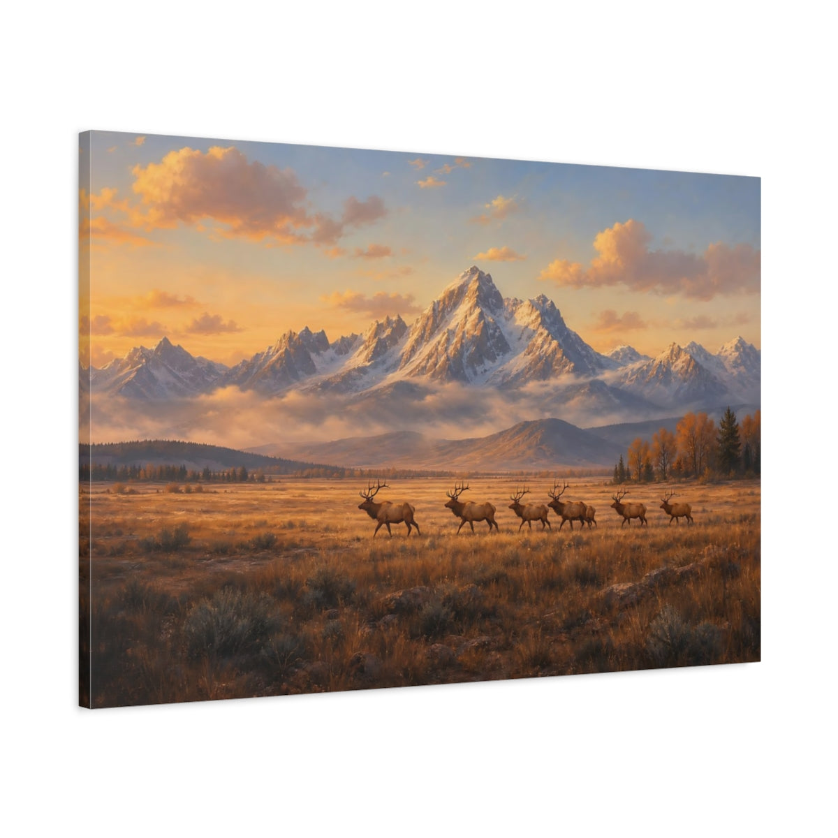 Main Mockup. Nature Elks Golden Elks Landscape shown as stretched canvas wall art