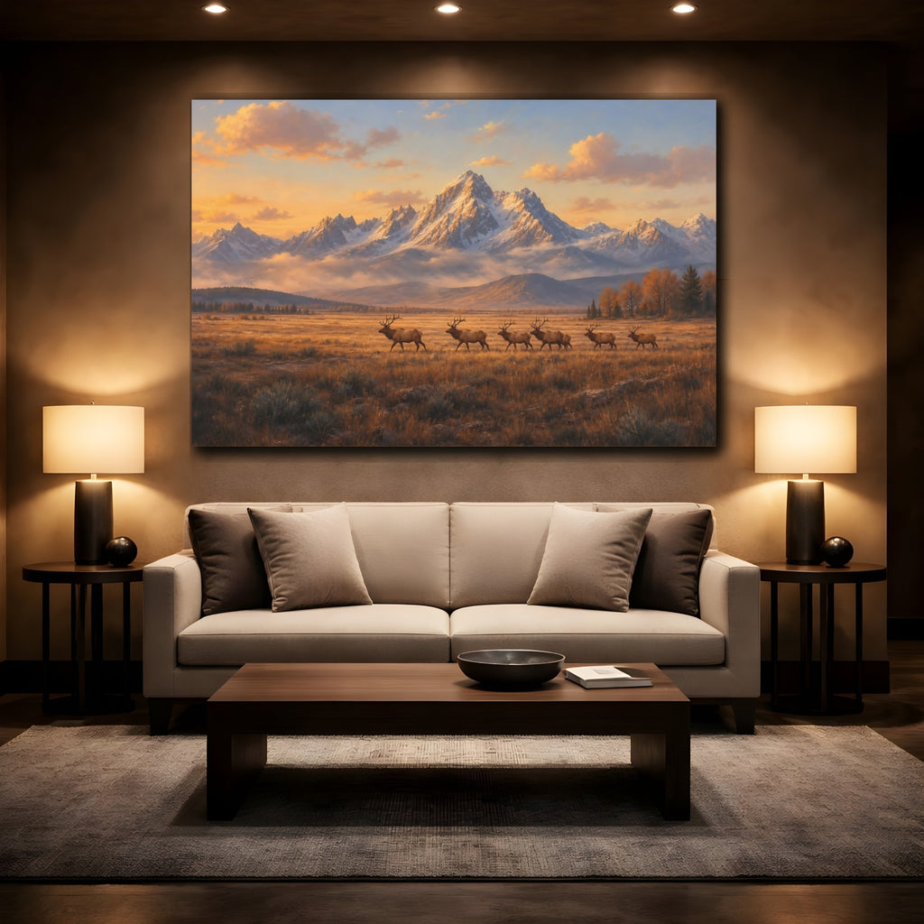 Mockup 2. Nature Elks Golden Elks Landscape shown as stretched canvas wall art