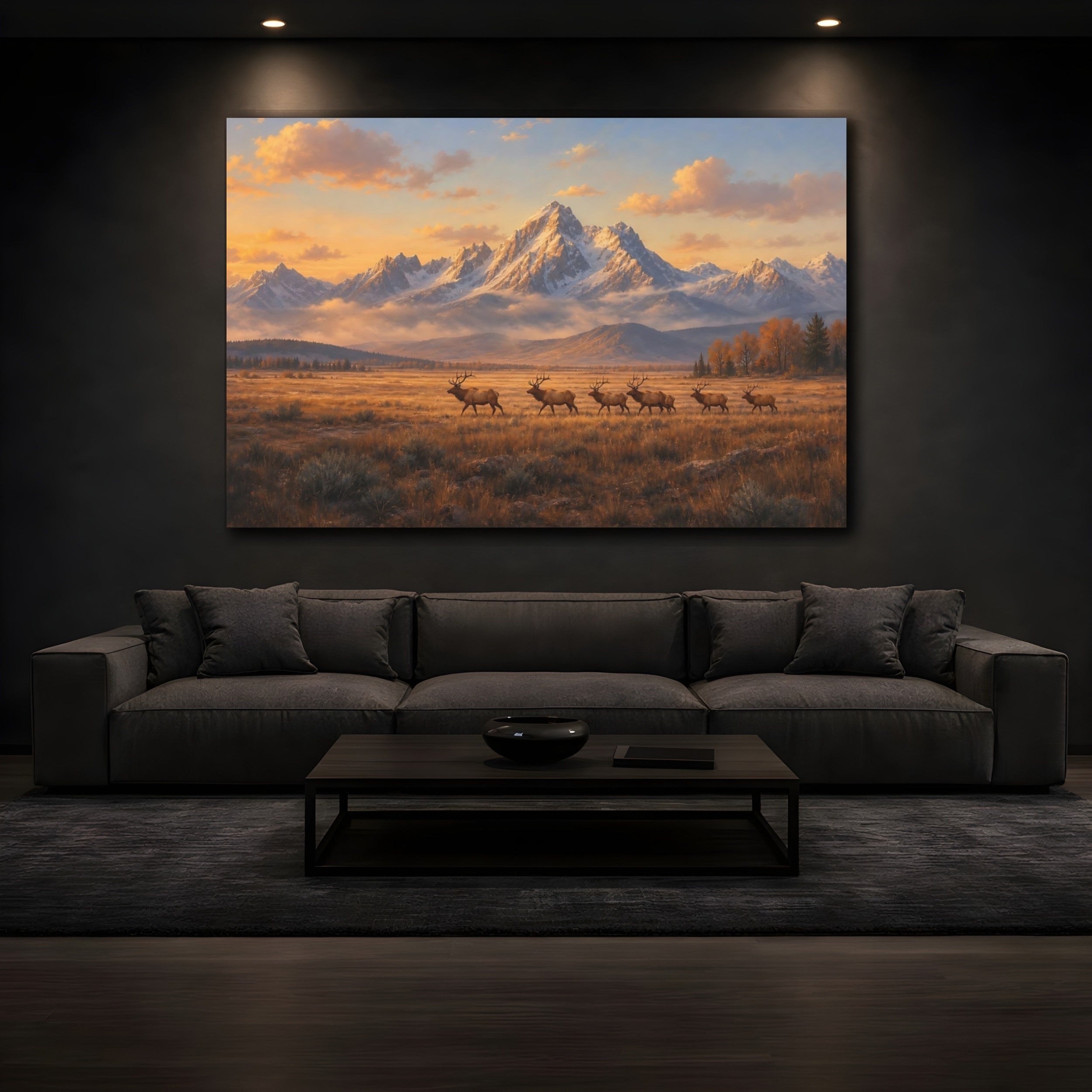 Mockup 3. Nature Elks Golden Elks Landscape shown as stretched canvas wall art
